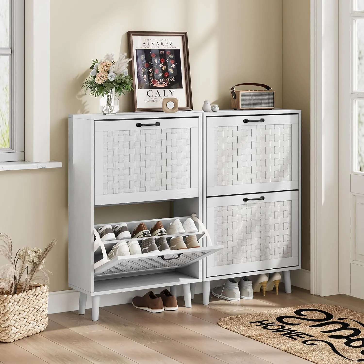 Shoe Storage Cabinet with Handmade Rattan Drawers, Freestanding Shoe Organizer Cabinet with Solid Wood Legs, Narrow Shoe Cabinet Storage for Entryway, Rustic Slim Shoe Rack Cabinet (White)