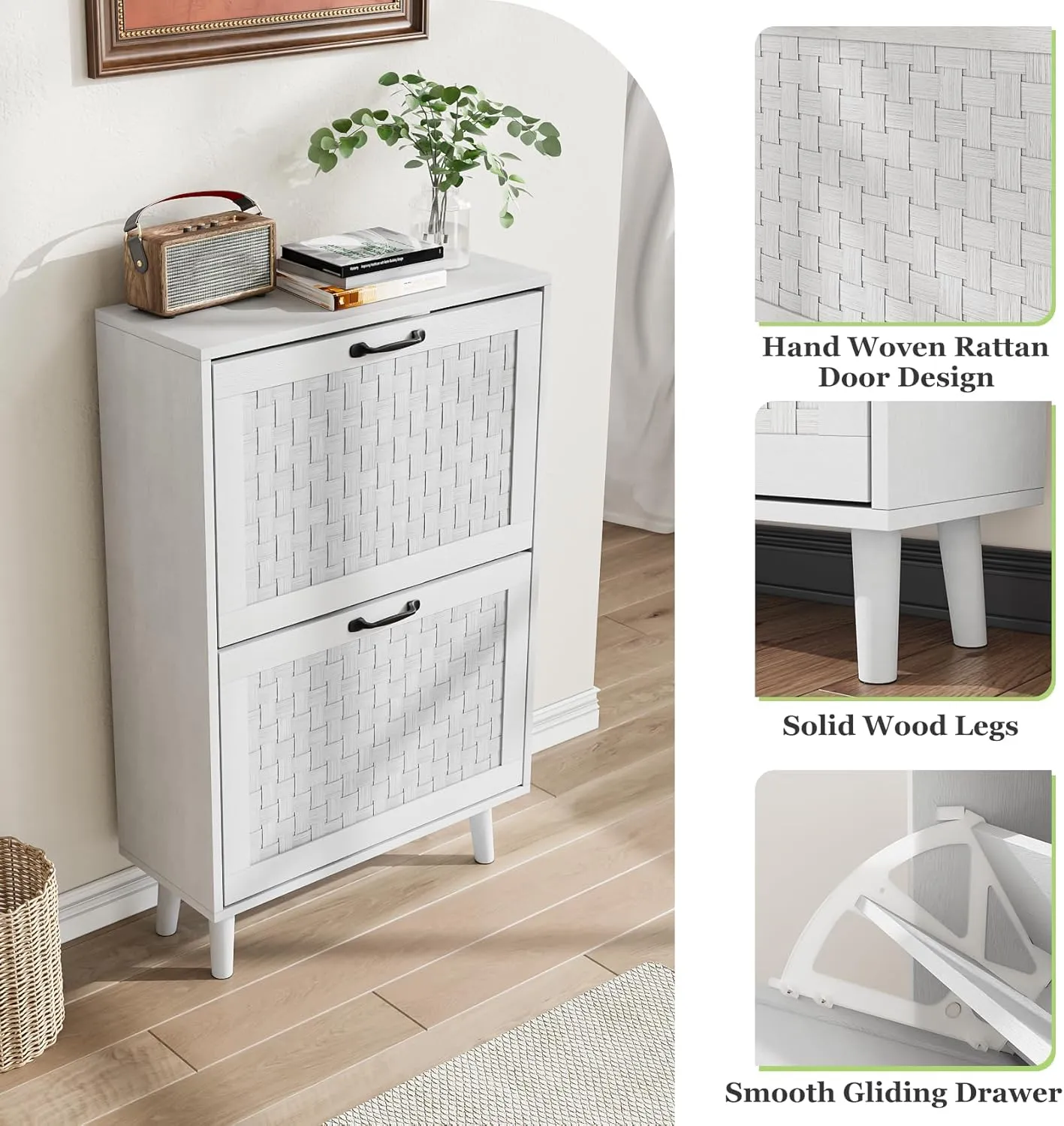 Shoe Storage Cabinet with Handmade Rattan Drawers, Freestanding Shoe Organizer Cabinet with Solid Wood Legs, Narrow Shoe Cabinet Storage for Entryway, Rustic Slim Shoe Rack Cabinet (White)