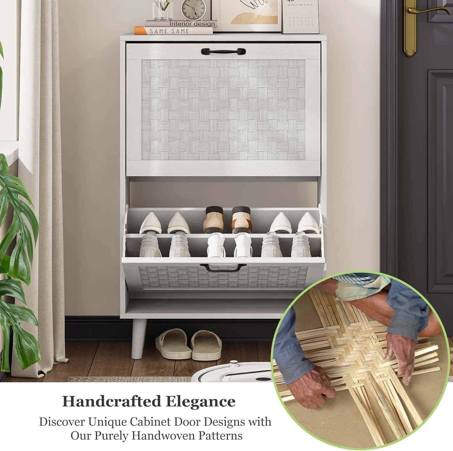 Shoe Storage Cabinet with Handmade Rattan Drawers, Freestanding Shoe Organizer Cabinet with Solid Wood Legs, Narrow Shoe Cabinet Storage for Entryway, Rustic Slim Shoe Rack Cabinet (White)