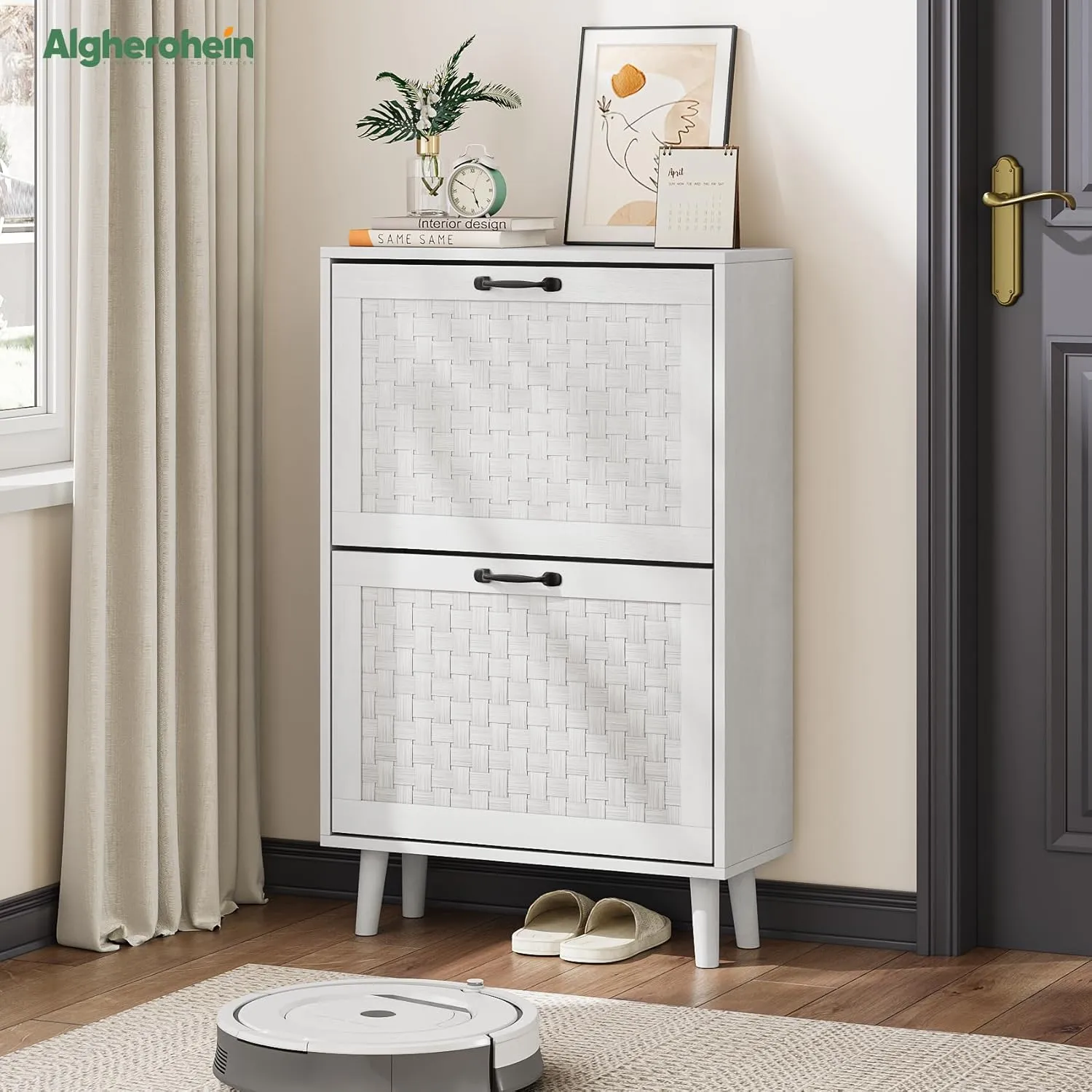 Shoe Storage Cabinet with Handmade Rattan Drawers, Freestanding Shoe Organizer Cabinet with Solid Wood Legs, Narrow Shoe Cabinet Storage for Entryway, Rustic Slim Shoe Rack Cabinet (White)