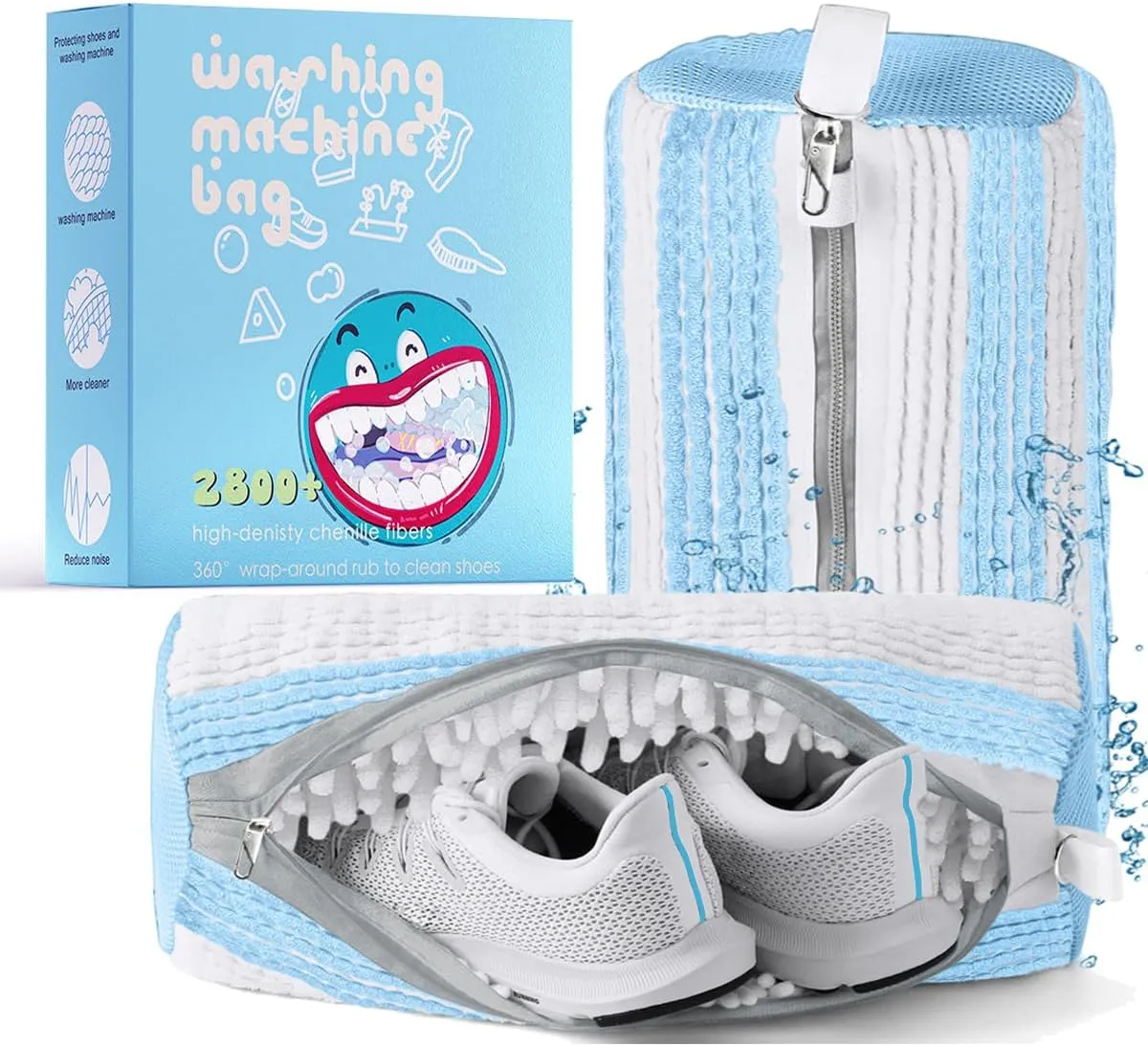 Shoe Washing Machine Bag, Laundry Shoe Bag for Washer and Dryer, Laundry Shoe Bag Protect Sneaker, Running Shoes, Bras, Delicates and Toys, XXL Includes 2 Shoes (BlueWhiteAlternating 2 Pack)