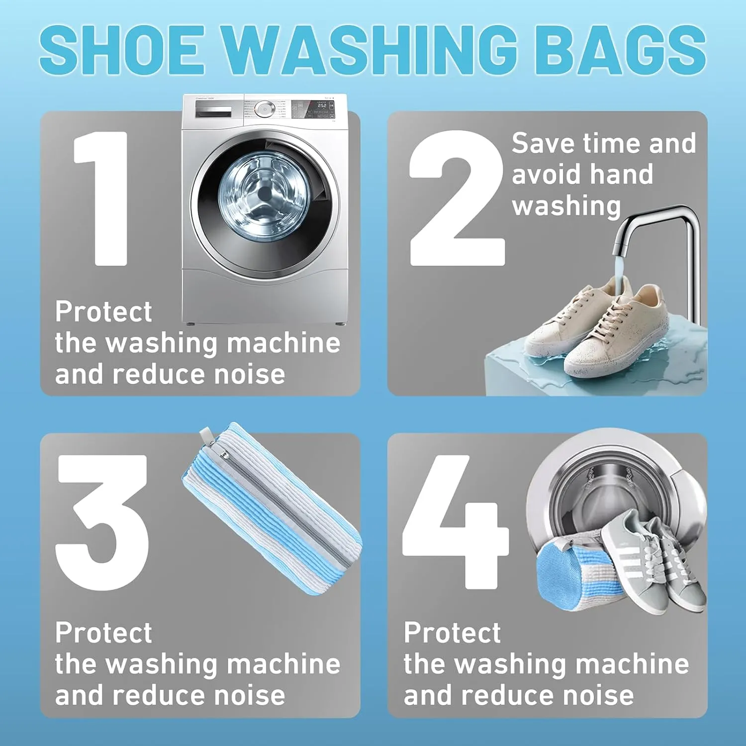Shoe Washing Machine Bag, Laundry Shoe Bag for Washer and Dryer, Laundry Shoe Bag Protect Sneaker, Running Shoes, Bras, Delicates and Toys, XXL Includes 2 Shoes (BlueWhiteAlternating 2 Pack)