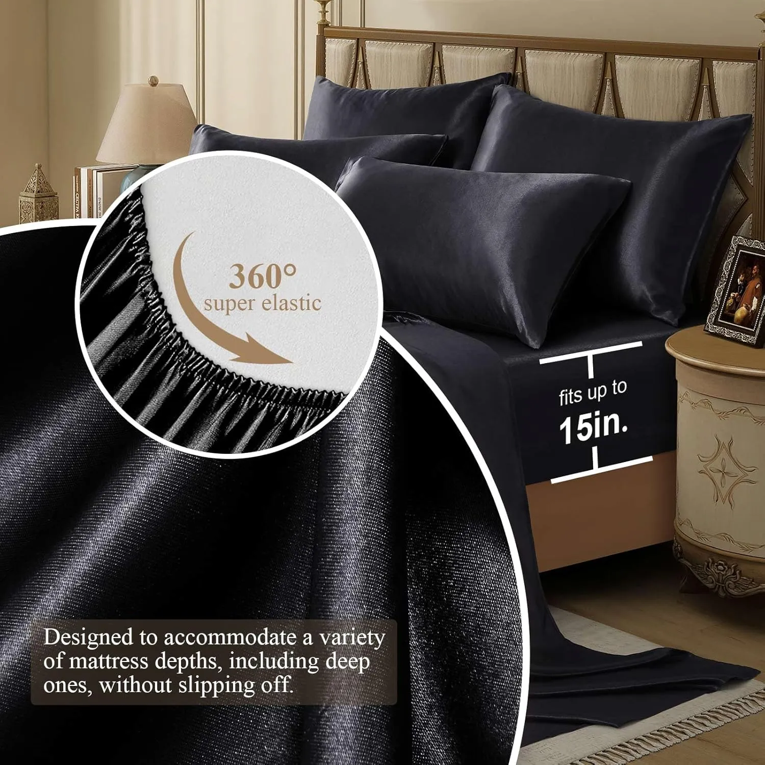 Silk Like Satin Bed Sheets, 6-Piece Black California King Size Satin Sheets for Hair and Skin, Luxury Silky Bedding Set with Deep Pocket for Mattress (California King, Black)