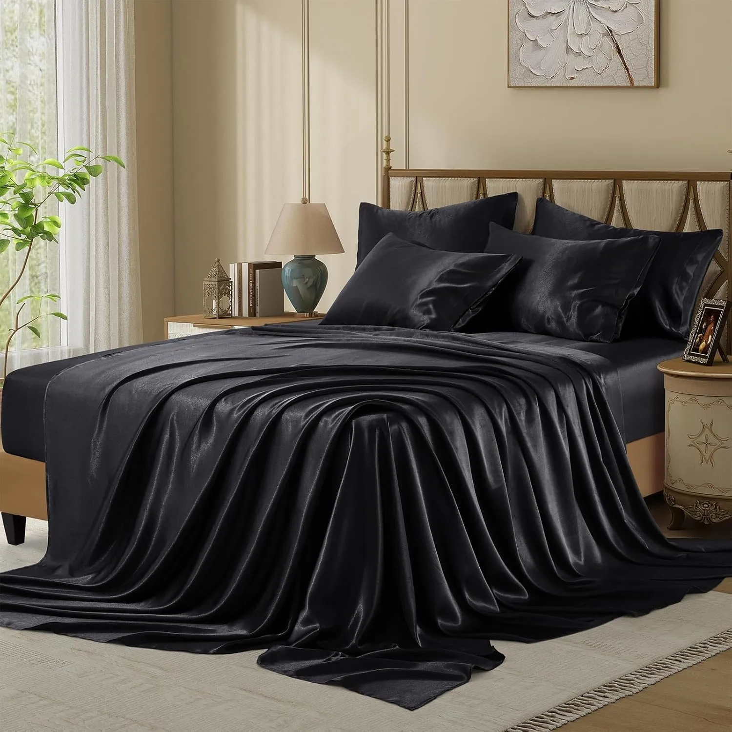 Silk Like Satin Bed Sheets, 6-Piece Black California King Size Satin Sheets for Hair and Skin, Luxury Silky Bedding Set with Deep Pocket for Mattress (California King, Black)