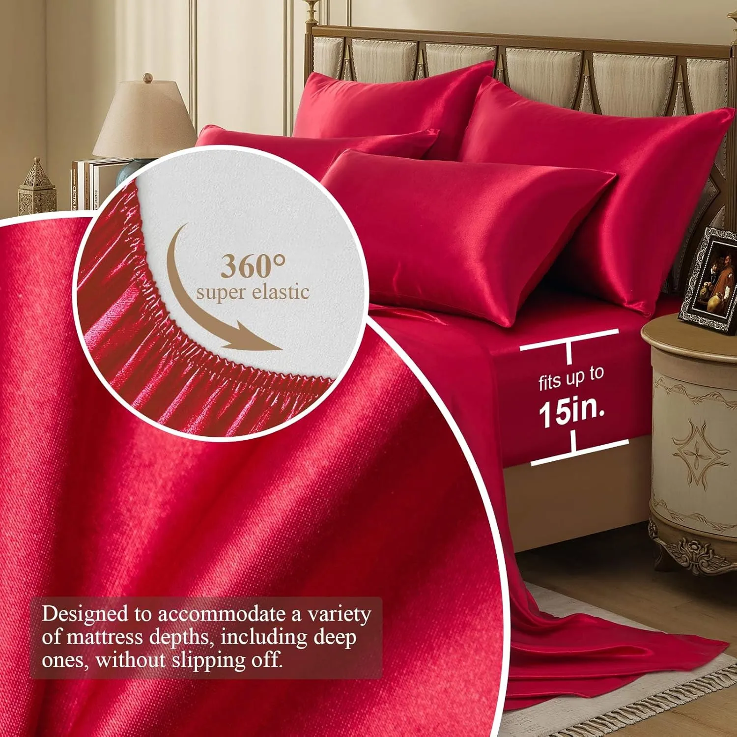 Silk Like Satin Bed Sheets, 6-Piece Burgundy California King Size Satin Sheets for Hair and Skin, Luxury Silky Bedding Set with Deep Pocket for Mattress (California King, Burgundy)