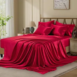 Silk Like Satin Bed Sheets, 6-Piece Burgundy California King Size Satin Sheets for Hair and Skin, Luxury Silky Bedding Set with Deep Pocket for Mattress (California King, Burgundy)