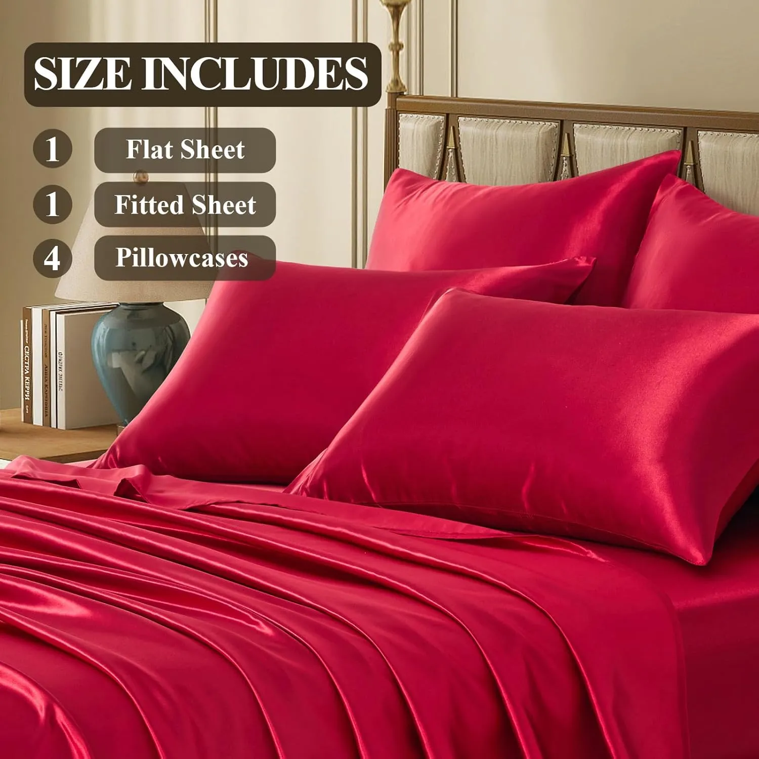 Silk Like Satin Bed Sheets, 6-Piece Burgundy California King Size Satin Sheets for Hair and Skin, Luxury Silky Bedding Set with Deep Pocket for Mattress (California King, Burgundy)