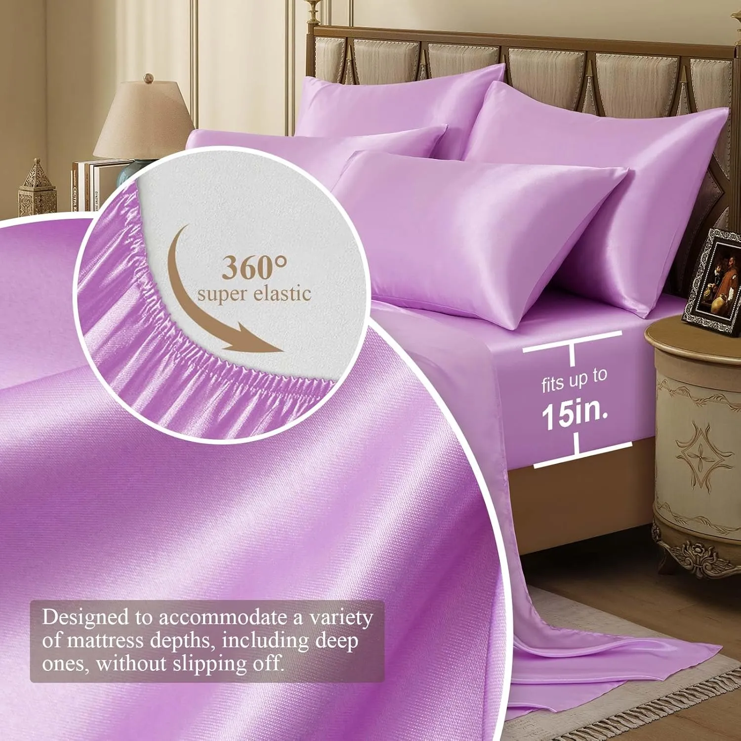Silk Like Satin Bed Sheets, 6-Piece Lavender California King Size Satin Sheets for Hair and Skin, Luxury Silky Bedding Set with Deep Pocket for Mattress (California King, Lavender)