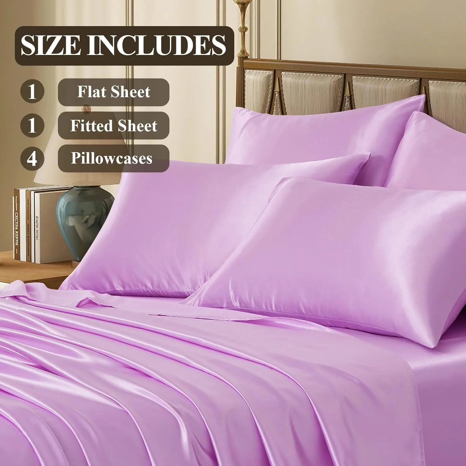 Silk Like Satin Bed Sheets, 6-Piece Lavender California King Size Satin Sheets for Hair and Skin, Luxury Silky Bedding Set with Deep Pocket for Mattress (California King, Lavender)