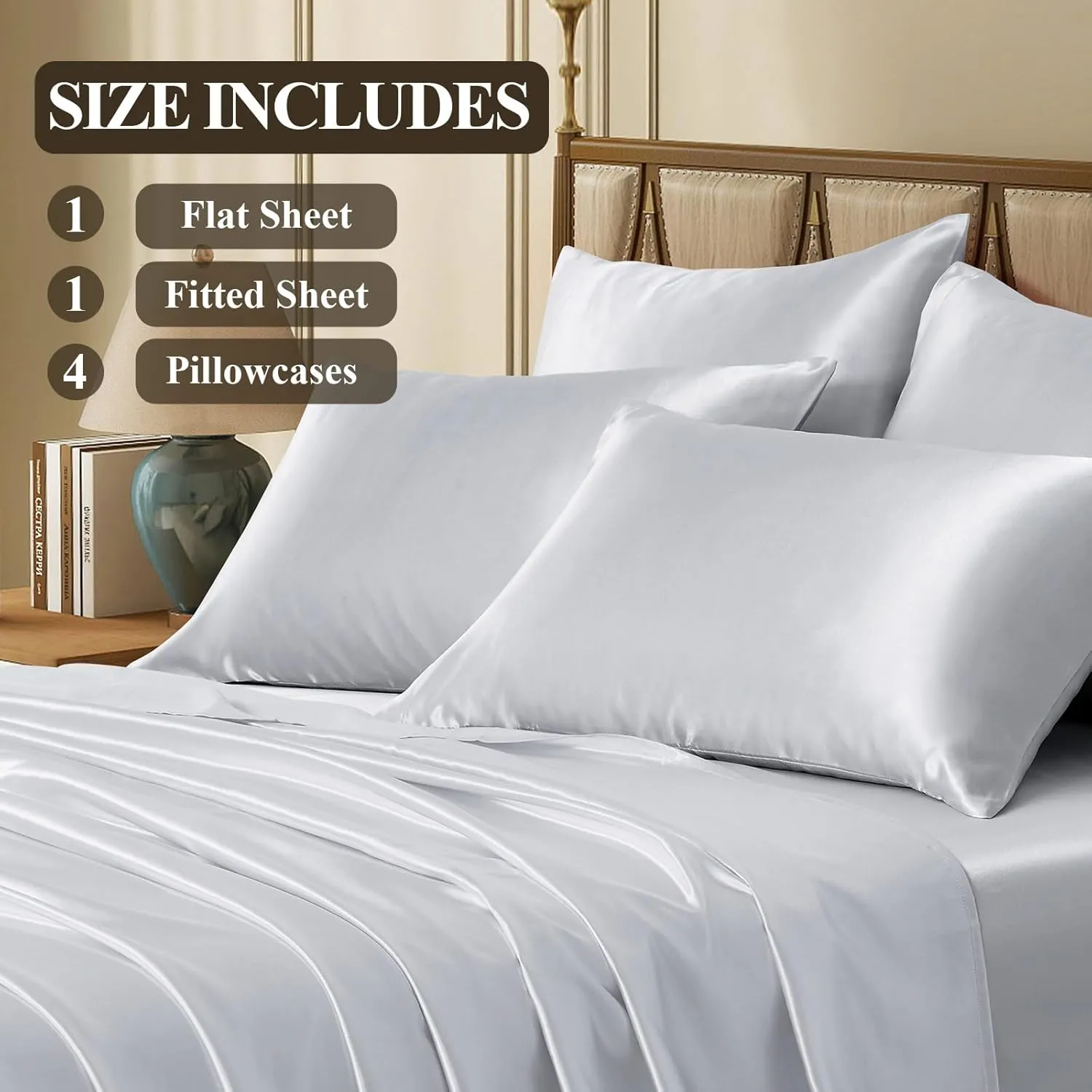 Silk Like Satin Bed Sheets, 6-Piece Silver Grey California King Size Satin Sheets for Hair and Skin, Luxury Silky Bedding Set with Deep Pocket for Mattress (California King, Silver Grey)
