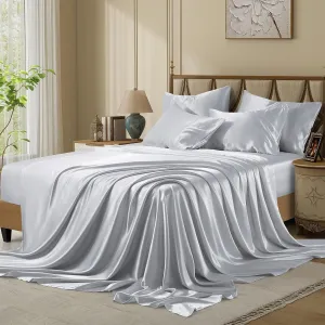 Silk Like Satin Bed Sheets, 6-Piece Silver Grey California King Size Satin Sheets for Hair and Skin, Luxury Silky Bedding Set with Deep Pocket for Mattress (California King, Silver Grey)