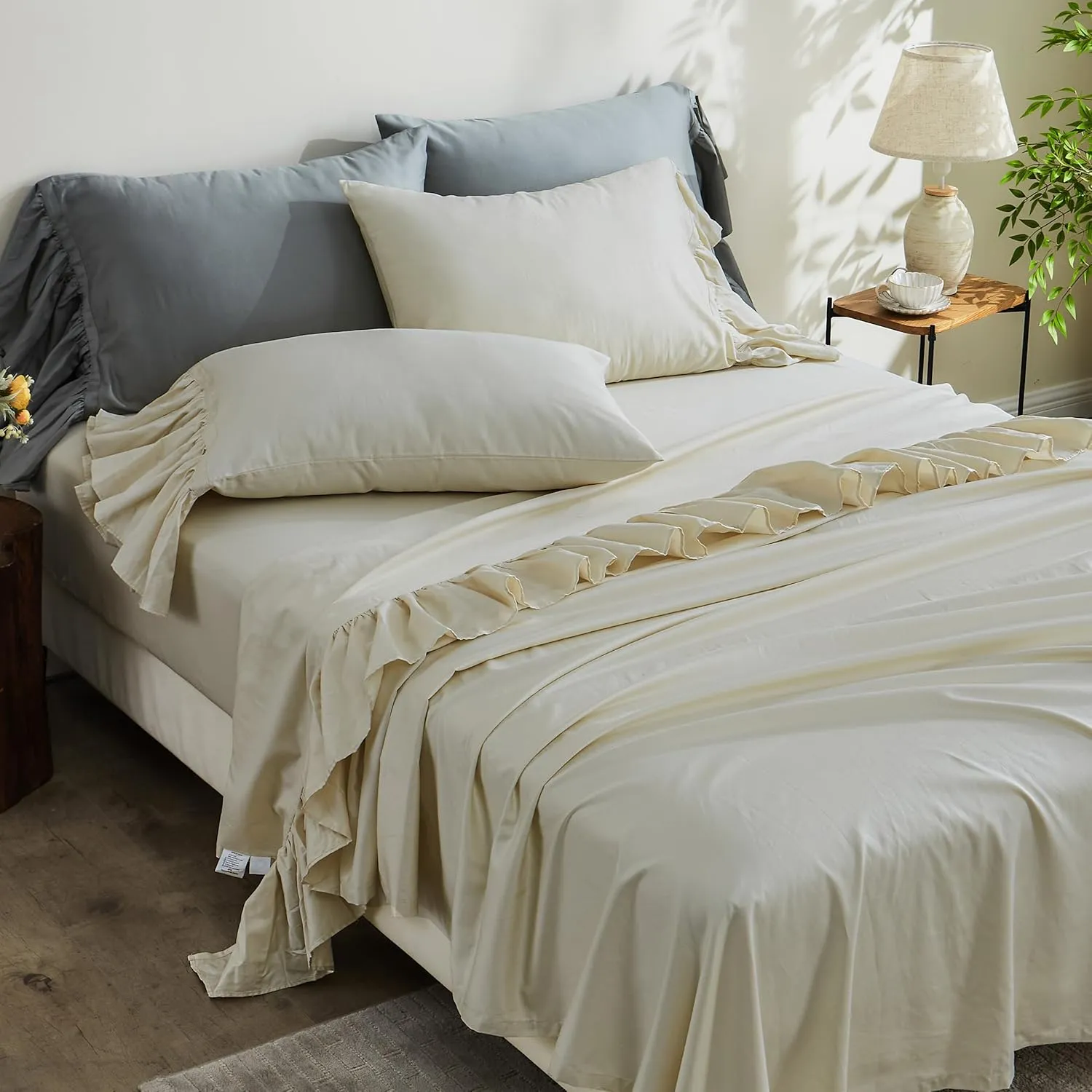 Simple&Opulence 100% Organic Cotton Sheet Set, Long Ruffle Bed Sheets (1 Flat Sheet, 1 Fitted Sheet and 1 Pillowcase) Elegant Shabby Chic Bedding Farmhouse Charming Vintage - Beige, Twin