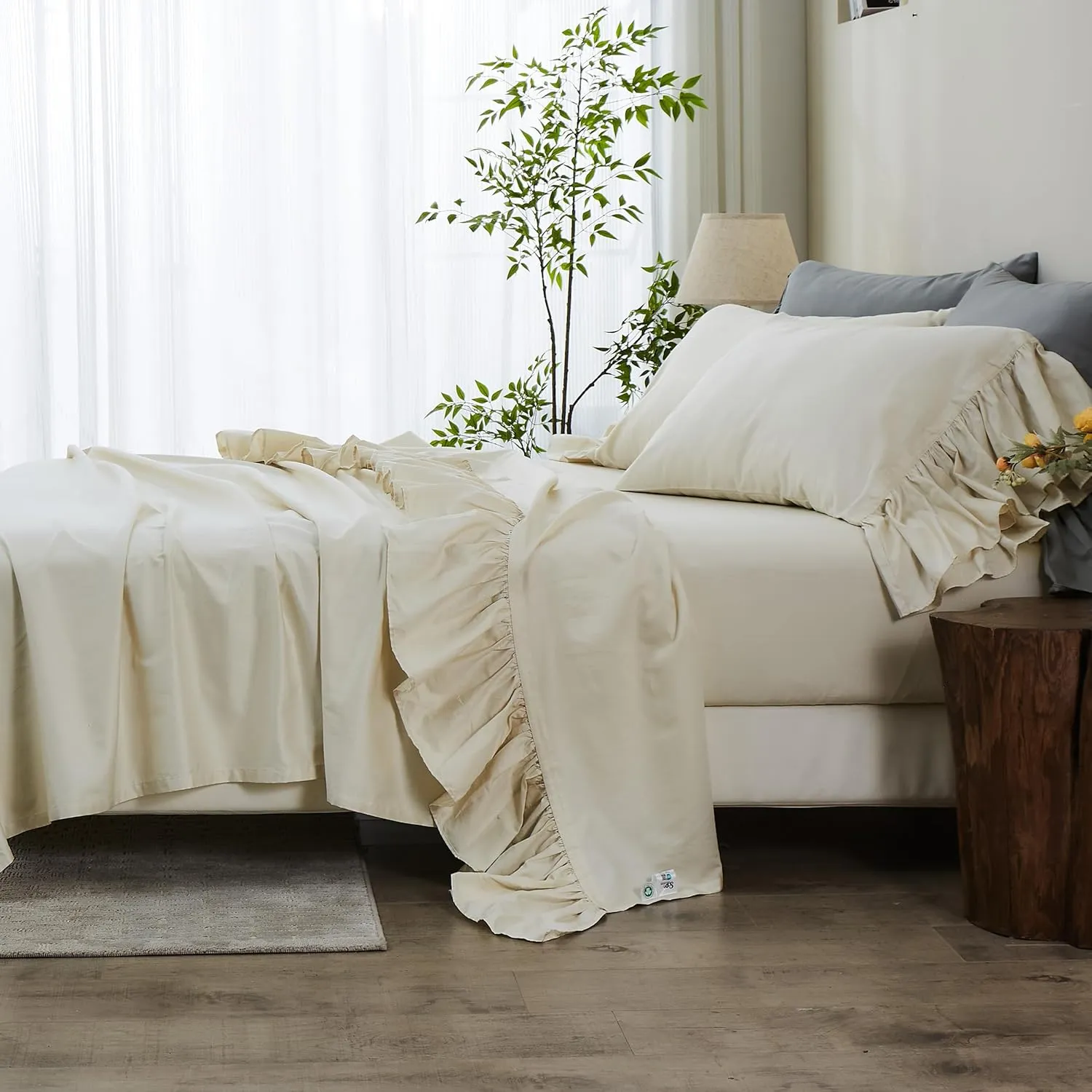 Simple&Opulence 100% Organic Cotton Sheet Set, Long Ruffle Bed Sheets (1 Flat Sheet, 1 Fitted Sheet and 1 Pillowcase) Elegant Shabby Chic Bedding Farmhouse Charming Vintage - Beige, Twin
