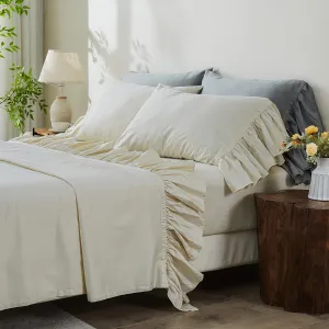 Simple&Opulence 100% Organic Cotton Sheet Set, Long Ruffle Bed Sheets (1 Flat Sheet, 1 Fitted Sheet and 1 Pillowcase) Elegant Shabby Chic Bedding Farmhouse Charming Vintage - Beige, Twin