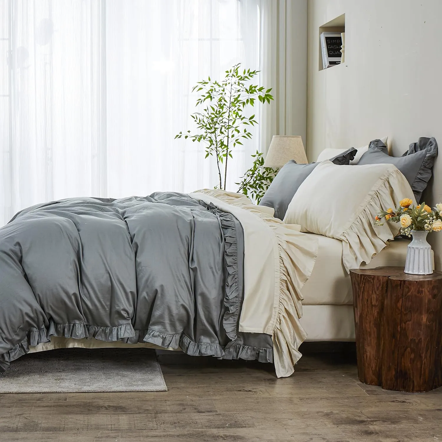 Simple&Opulence 100% Organic Cotton Sheet Set, Long Ruffle Bed Sheets (1 Flat Sheet, 1 Fitted Sheet and 1 Pillowcase) Elegant Shabby Chic Bedding Farmhouse Charming Vintage - Beige, Twin