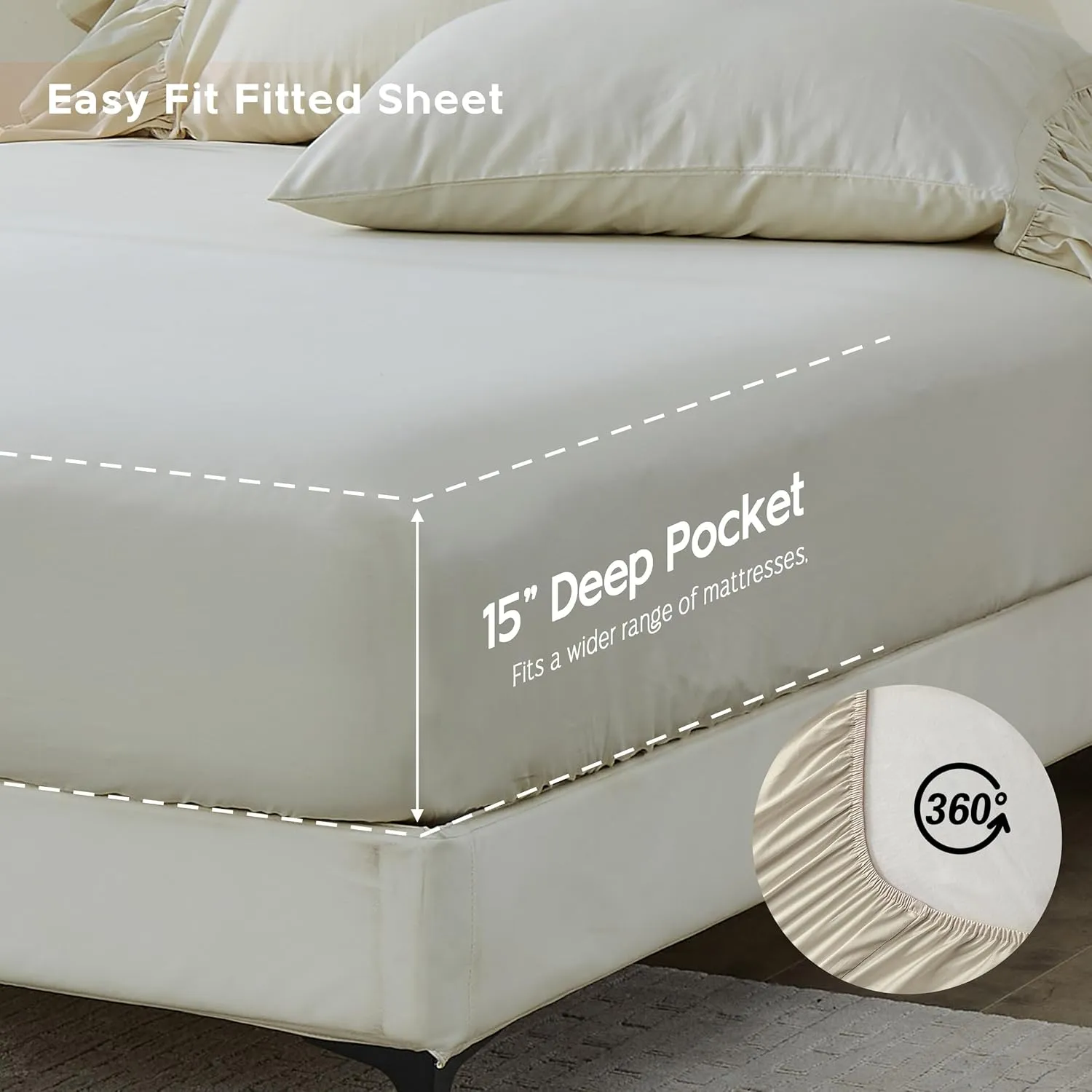 Simple&Opulence 100% Organic Cotton Sheet Set, Long Ruffle Bed Sheets (1 Flat Sheet, 1 Fitted Sheet and 1 Pillowcase) Elegant Shabby Chic Bedding Farmhouse Charming Vintage - Beige, Twin