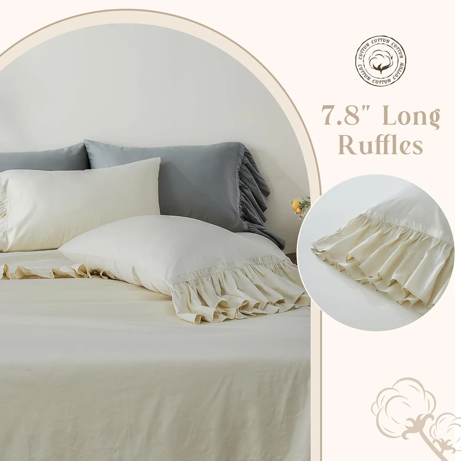 Simple&Opulence 100% Organic Cotton Sheet Set, Long Ruffle Bed Sheets (1 Flat Sheet, 1 Fitted Sheet and 1 Pillowcase) Elegant Shabby Chic Bedding Farmhouse Charming Vintage - Beige, Twin