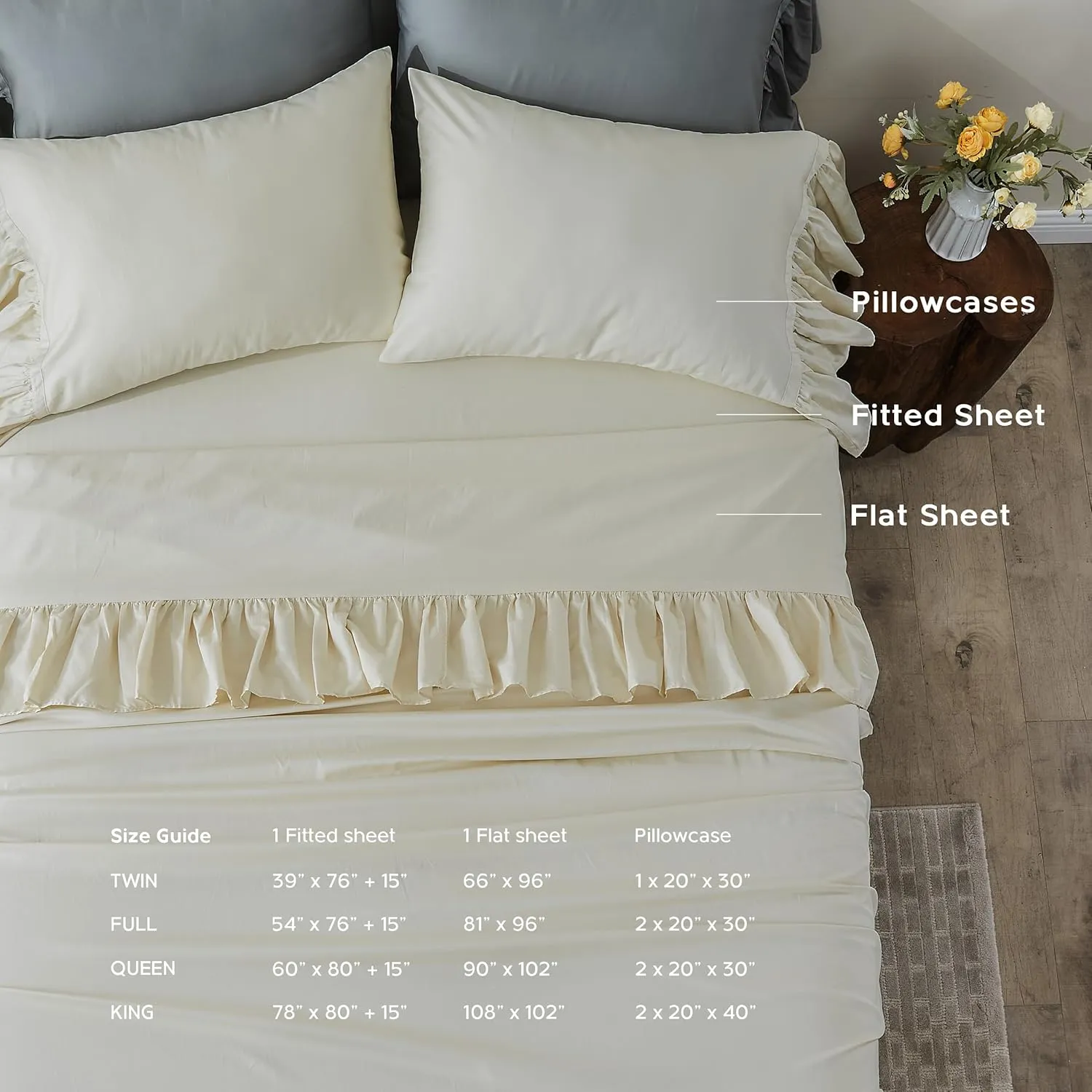 Simple&Opulence 100% Organic Cotton Sheet Set, Long Ruffle Bed Sheets (1 Flat Sheet, 1 Fitted Sheet and 1 Pillowcase) Elegant Shabby Chic Bedding Farmhouse Charming Vintage - Beige, Twin