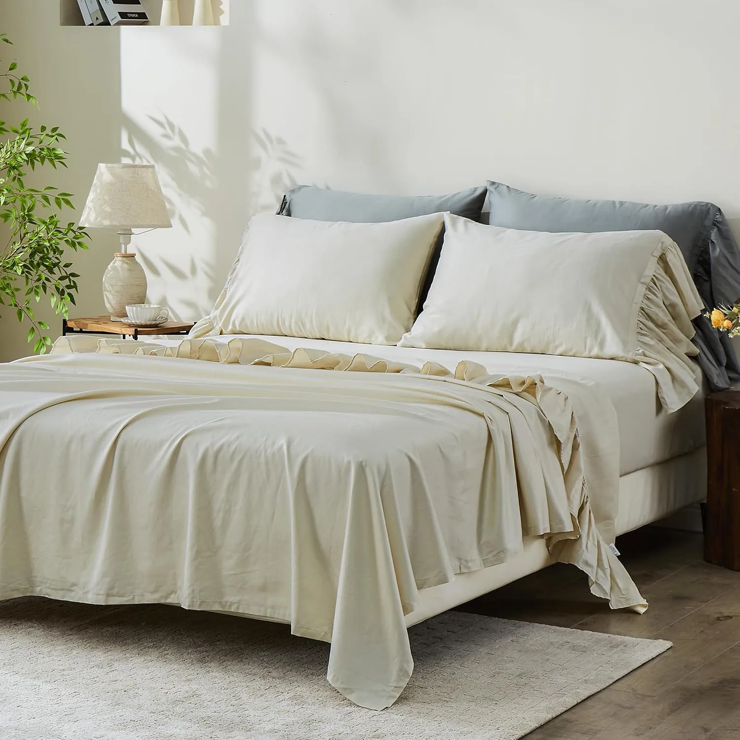 Simple&Opulence 100% Organic Cotton Sheet Set, Long Ruffle Bed Sheets (1 Flat Sheet, 1 Fitted Sheet and 1 Pillowcase) Elegant Shabby Chic Bedding Farmhouse Charming Vintage - Beige, Twin