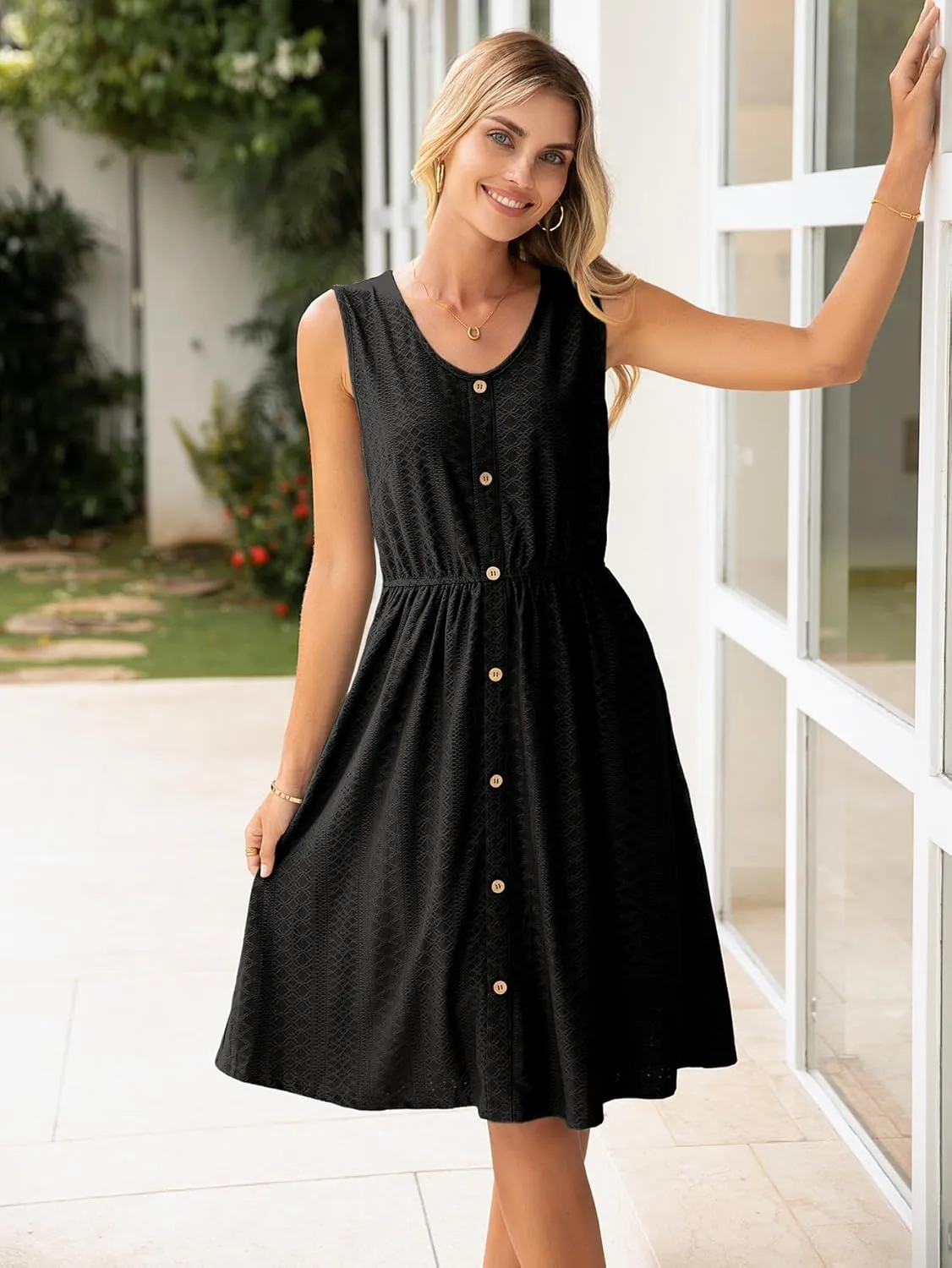 Simplee Womens Sleeveless Sundress Summer Casual Eyelet Button Down Short Dress Flowy Beach Tank Mini Dress with Pocket