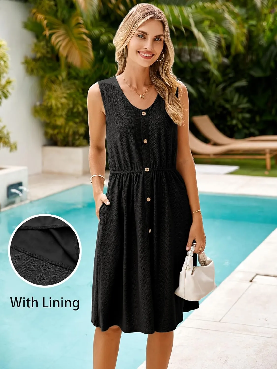 Simplee Womens Sleeveless Sundress Summer Casual Eyelet Button Down Short Dress Flowy Beach Tank Mini Dress with Pocket