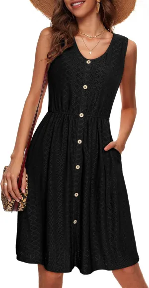 Simplee Womens Sleeveless Sundress Summer Casual Eyelet Button Down Short Dress Flowy Beach Tank Mini Dress with Pocket