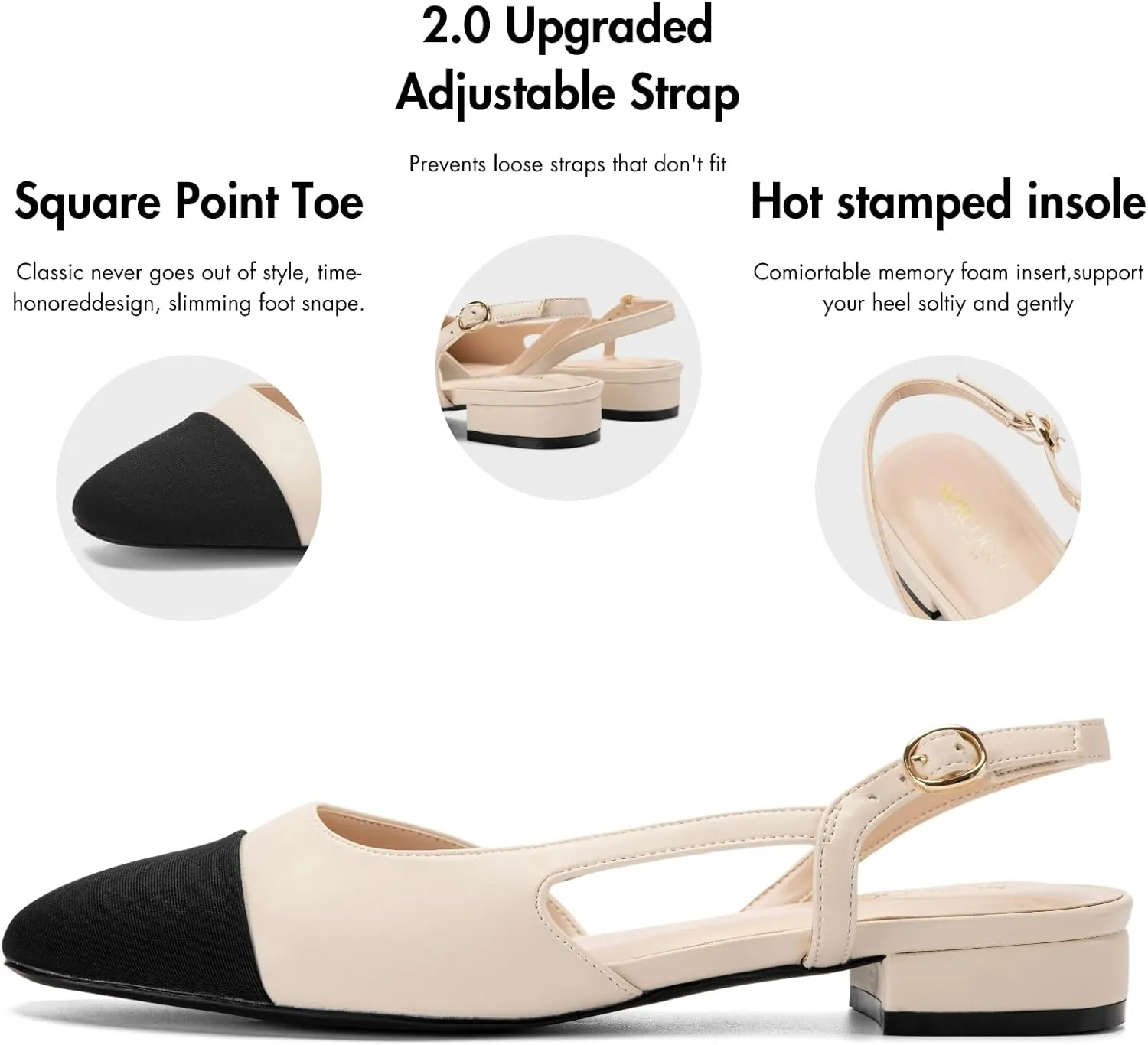 Slingback Flats for Women 2.0 Square Toe Two Toned Flats Wedding Shoes Low Heel Pumps for Women
