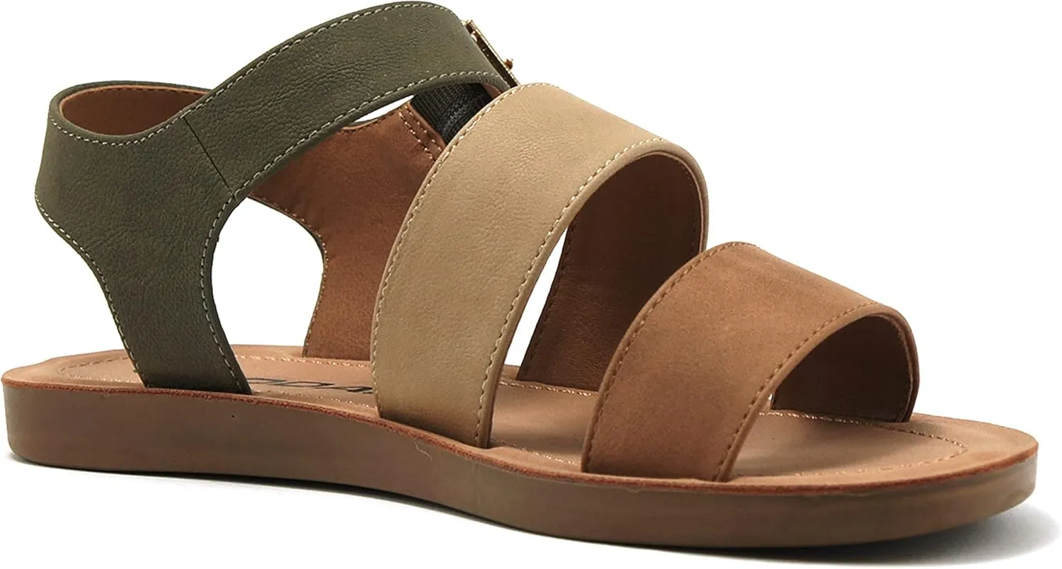 Soda COMING ~ Women Casual Open Toe Two Bands with Ankle Strap Fashion Slide Flat Sandal