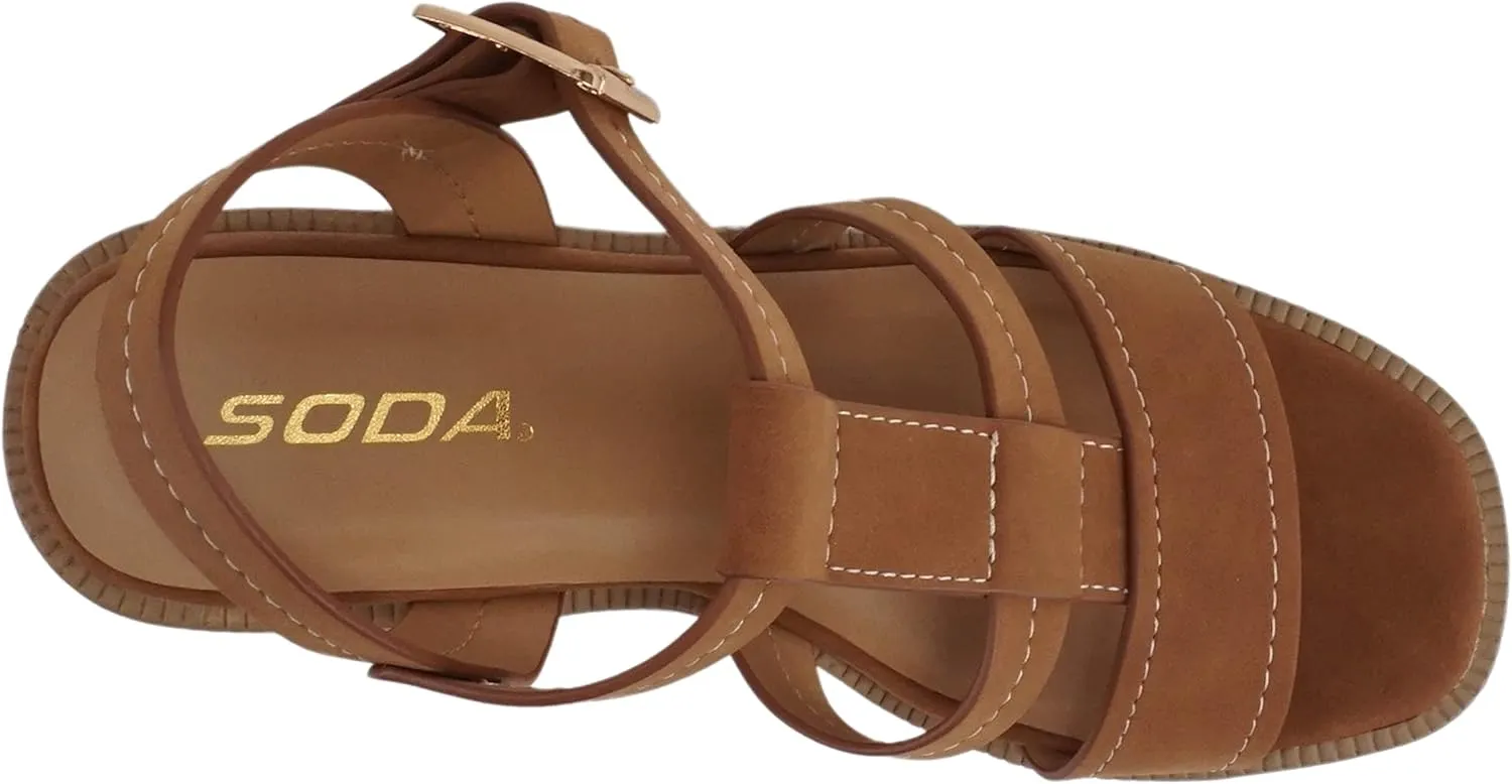 Soda “EVOLVE” ~ Women Open Square Toe Ankle Buckle Stitch Detail Platform High Heel Sandal