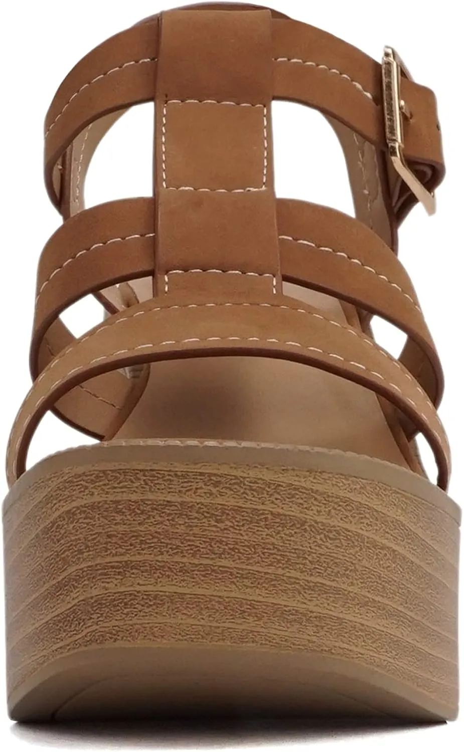 Soda “EVOLVE” ~ Women Open Square Toe Ankle Buckle Stitch Detail Platform High Heel Sandal