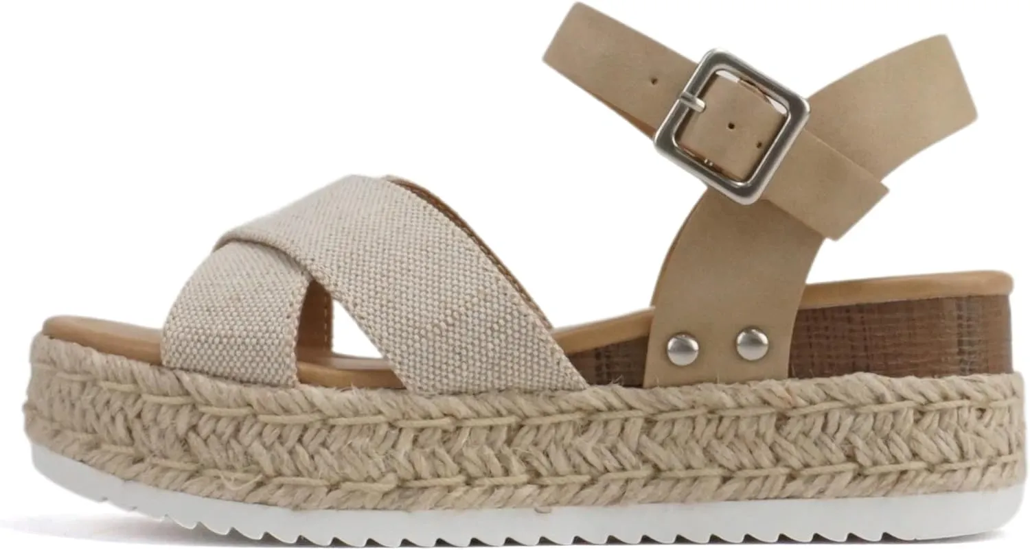 Soda “FIRELY” ~ Women Round Toe Crisscross Band Platform Espadrille Wedge Sandal with Adjustable Ankle Strap