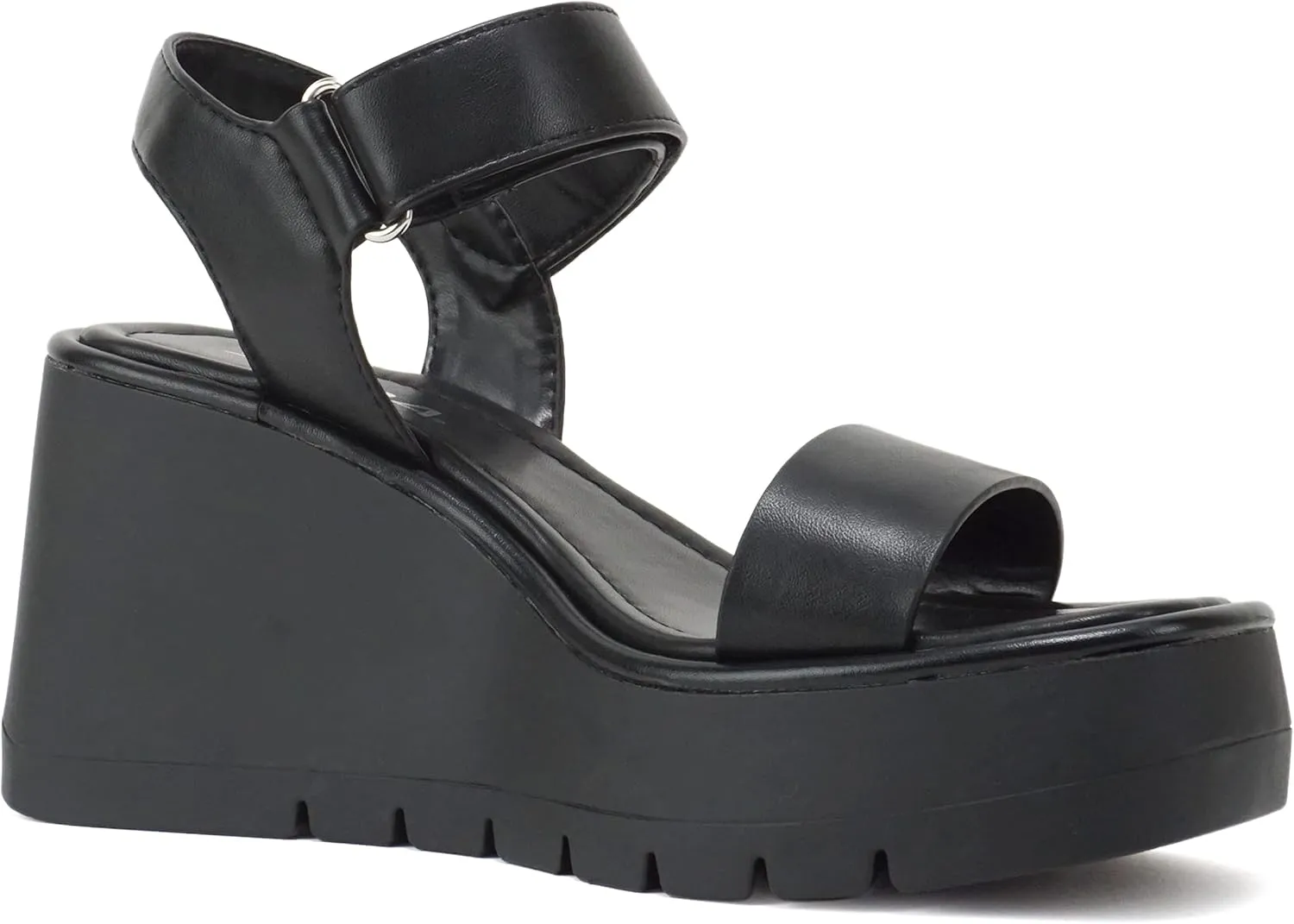 Soda HITTO ~ Women Open Square Toe Single Band Hook & Loop Ankle Strap Lug Sole Wedge Sandal