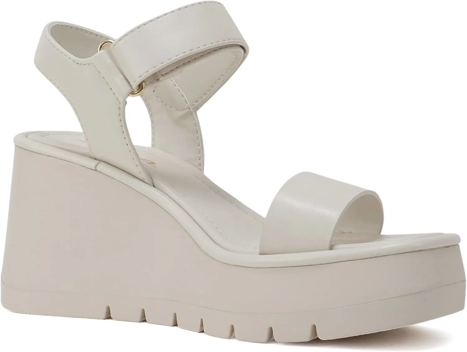 Soda HITTO ~ Women Open Square Toe Single Band Hook & Loop Ankle Strap Lug Sole Wedge Sandal