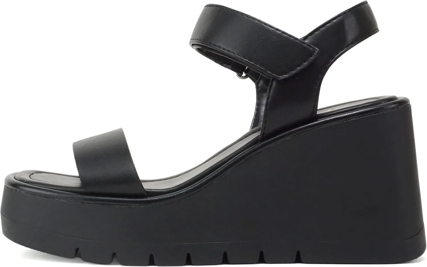 Soda HITTO ~ Women Open Square Toe Single Band Hook & Loop Ankle Strap Lug Sole Wedge Sandal