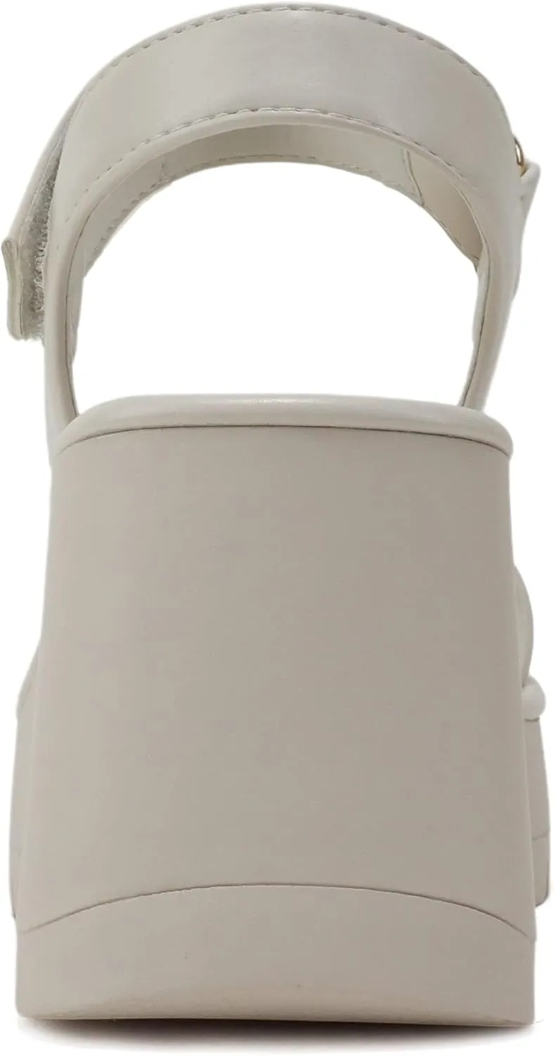 Soda HITTO ~ Women Open Square Toe Single Band Hook & Loop Ankle Strap Lug Sole Wedge Sandal