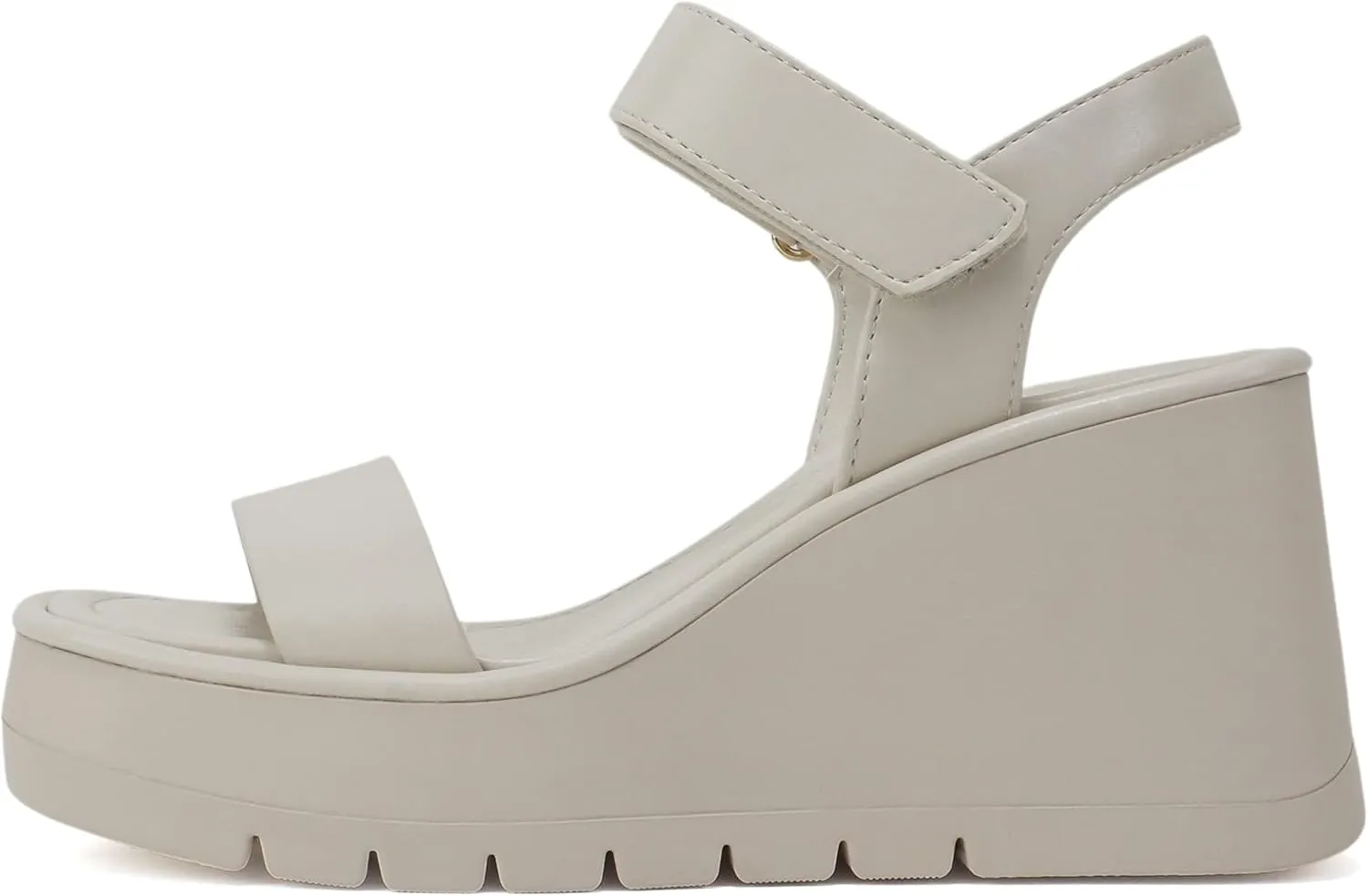 Soda HITTO ~ Women Open Square Toe Single Band Hook & Loop Ankle Strap Lug Sole Wedge Sandal