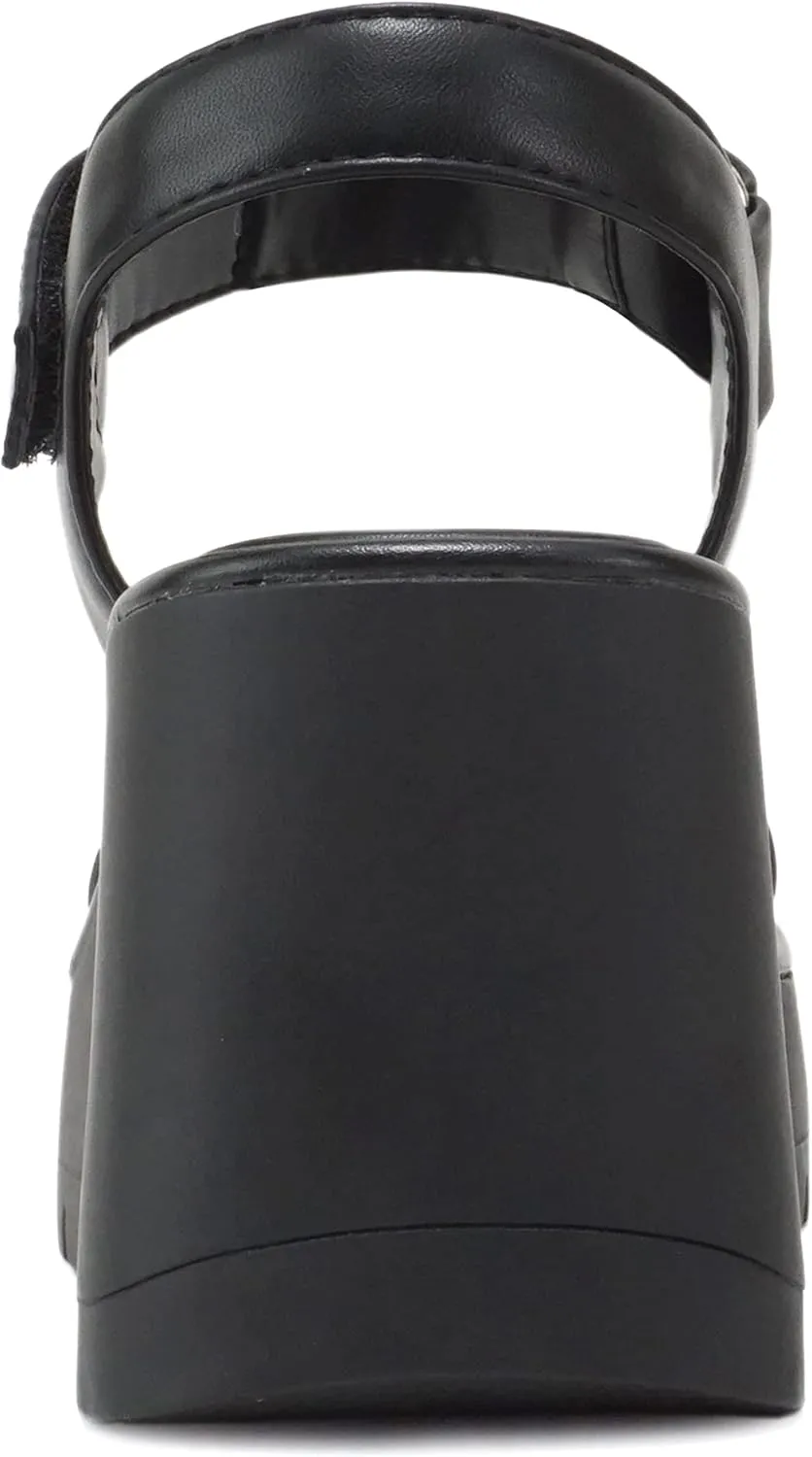 Soda HITTO ~ Women Open Square Toe Single Band Hook & Loop Ankle Strap Lug Sole Wedge Sandal