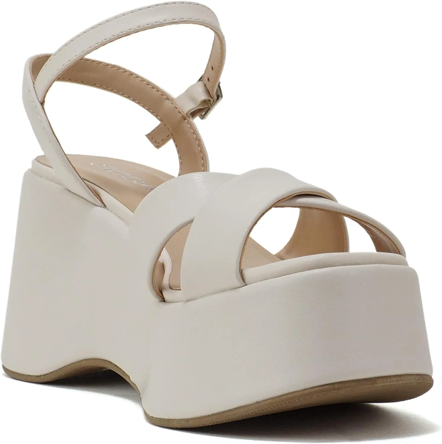 Soda “TECNO” ~ Women Square Toe Crisscross Upper High Heeled Wedge Sandal with Adjustable Ankle Strap