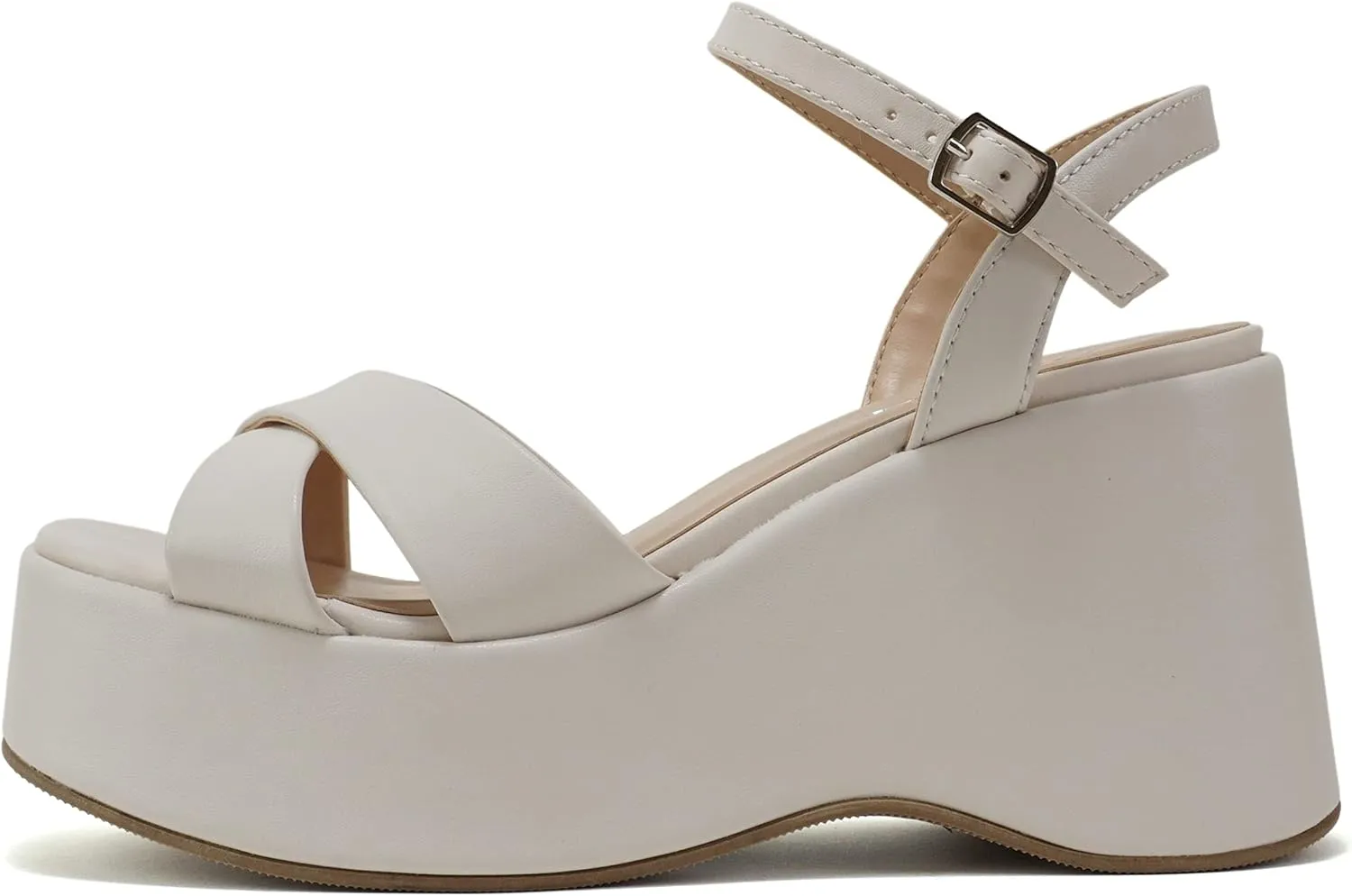 Soda “TECNO” ~ Women Square Toe Crisscross Upper High Heeled Wedge Sandal with Adjustable Ankle Strap
