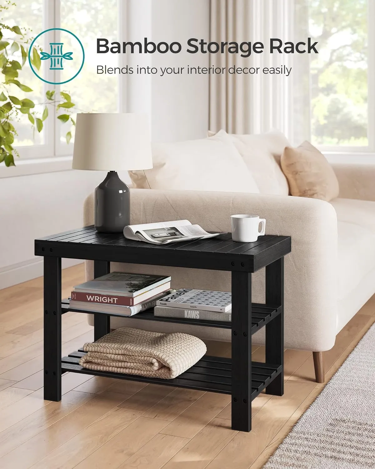 SONGMICS Shoe Rack Bench, 3-Tier Bamboo Shoe Storage Organizer, Entryway Bench, Holds Up to 286 lb, 11.3 x 27.6 x 17.8 Inches, for Entryway Bathroom Bedroom, Black ULBS04H