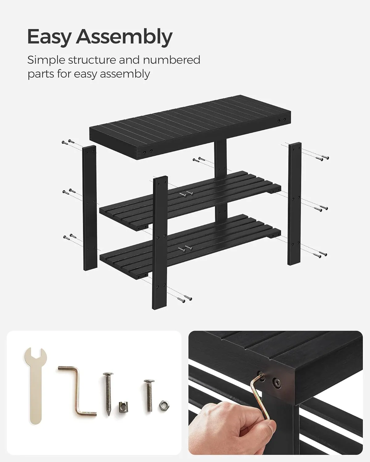 SONGMICS Shoe Rack Bench, 3-Tier Bamboo Shoe Storage Organizer, Entryway Bench, Holds Up to 286 lb, 11.3 x 27.6 x 17.8 Inches, for Entryway Bathroom Bedroom, Black ULBS04H