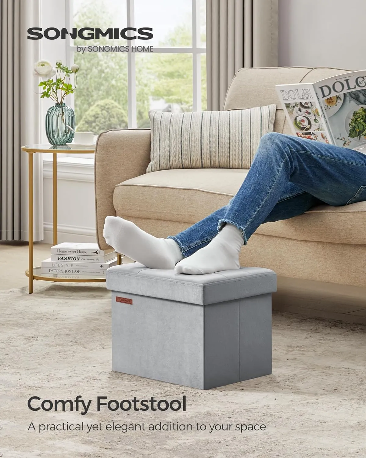 SONGMICS Storage Ottoman, Foldable Small Ottoman Foot Rest, 12.2 x 16.1 Inches Foot Stool, Load up to 286 lb, for Living Room, Bedroom, Dorm, Dove Gray ULSF200G02