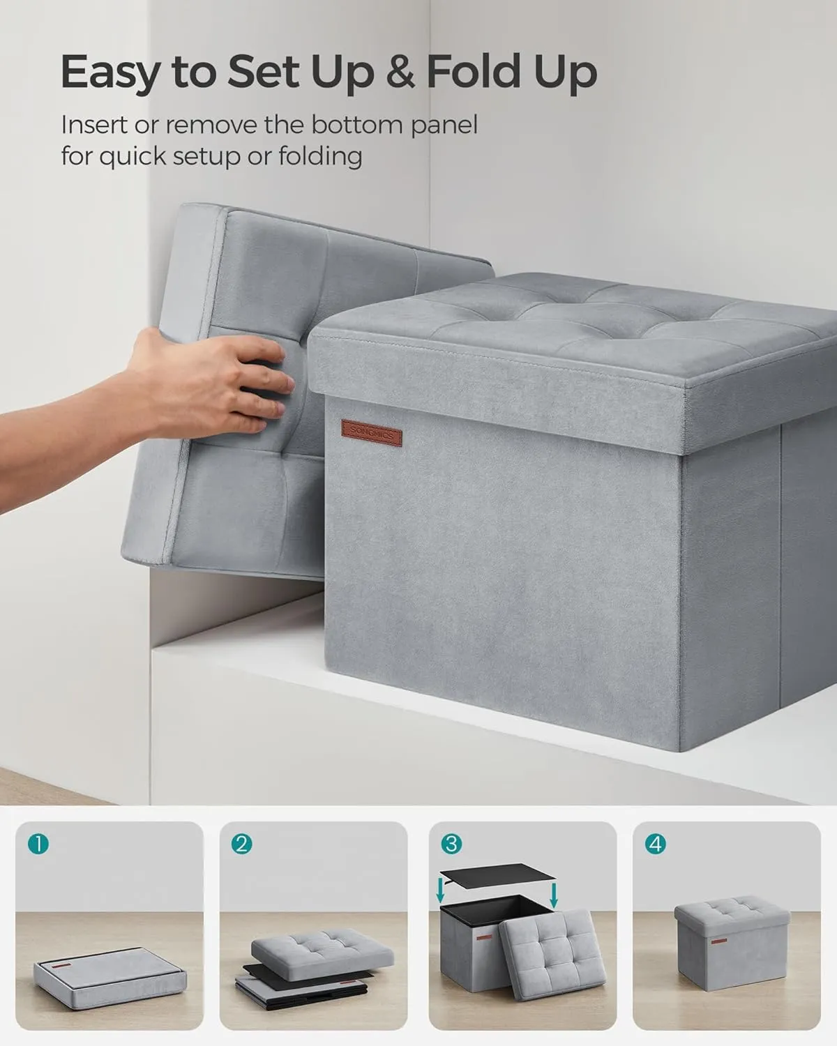 SONGMICS Storage Ottoman, Foldable Small Ottoman Foot Rest, 12.2 x 16.1 Inches Foot Stool, Load up to 286 lb, for Living Room, Bedroom, Dorm, Dove Gray ULSF200G02