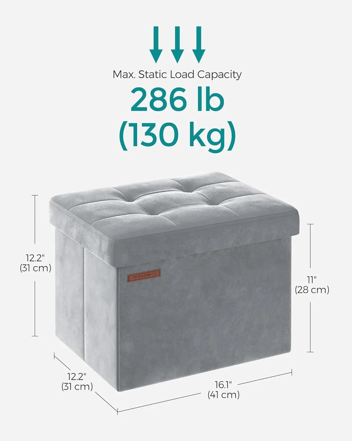 SONGMICS Storage Ottoman, Foldable Small Ottoman Foot Rest, 12.2 x 16.1 Inches Foot Stool, Load up to 286 lb, for Living Room, Bedroom, Dorm, Dove Gray ULSF200G02