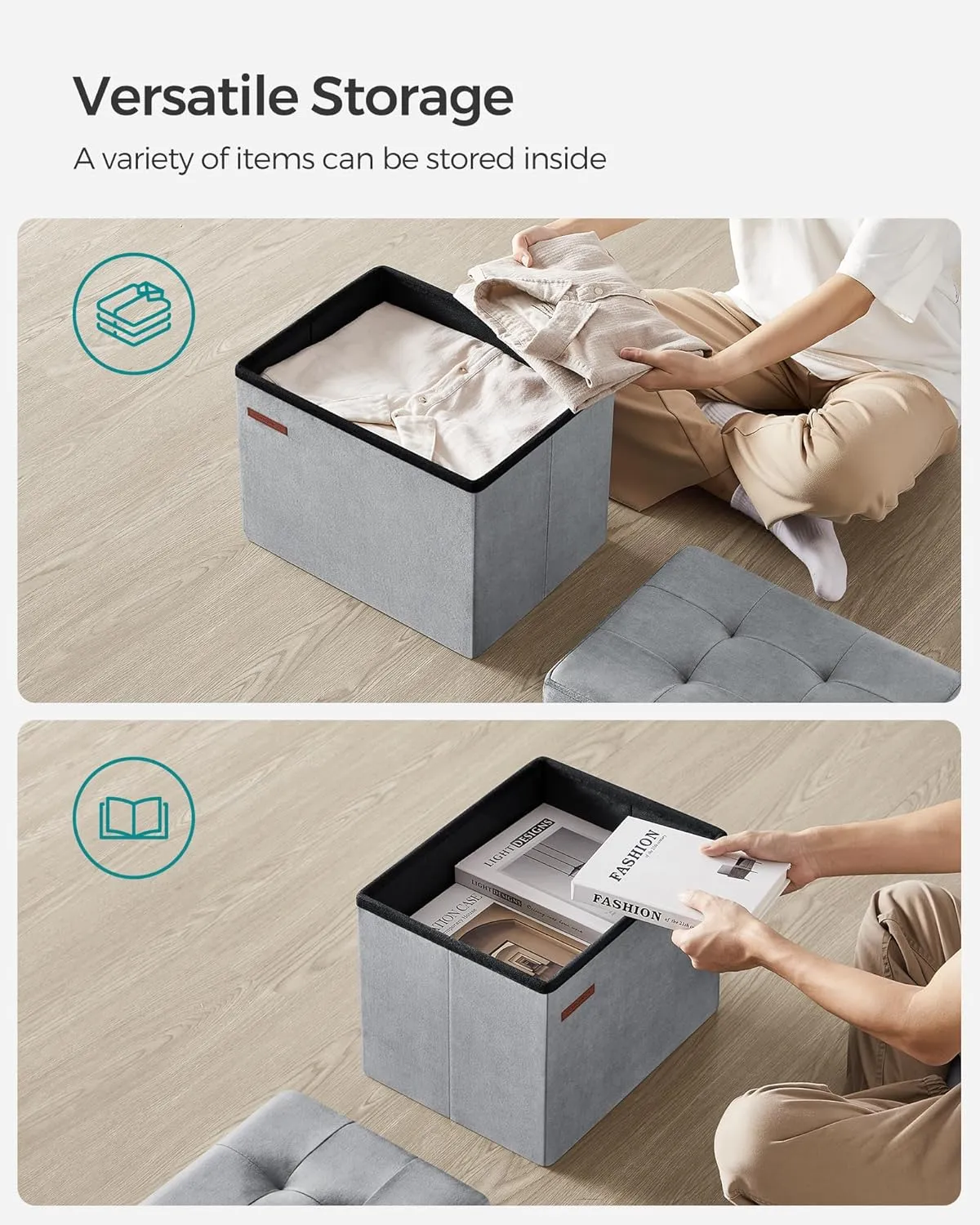SONGMICS Storage Ottoman, Foldable Small Ottoman Foot Rest, 12.2 x 16.1 Inches Foot Stool, Load up to 286 lb, for Living Room, Bedroom, Dorm, Dove Gray ULSF200G02