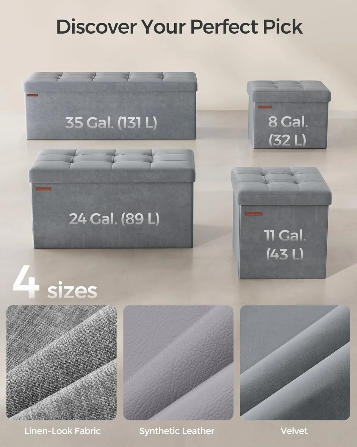 SONGMICS Storage Ottoman, Foldable Small Ottoman Foot Rest, 12.2 x 16.1 Inches Foot Stool, Load up to 286 lb, for Living Room, Bedroom, Dorm, Dove Gray ULSF200G02