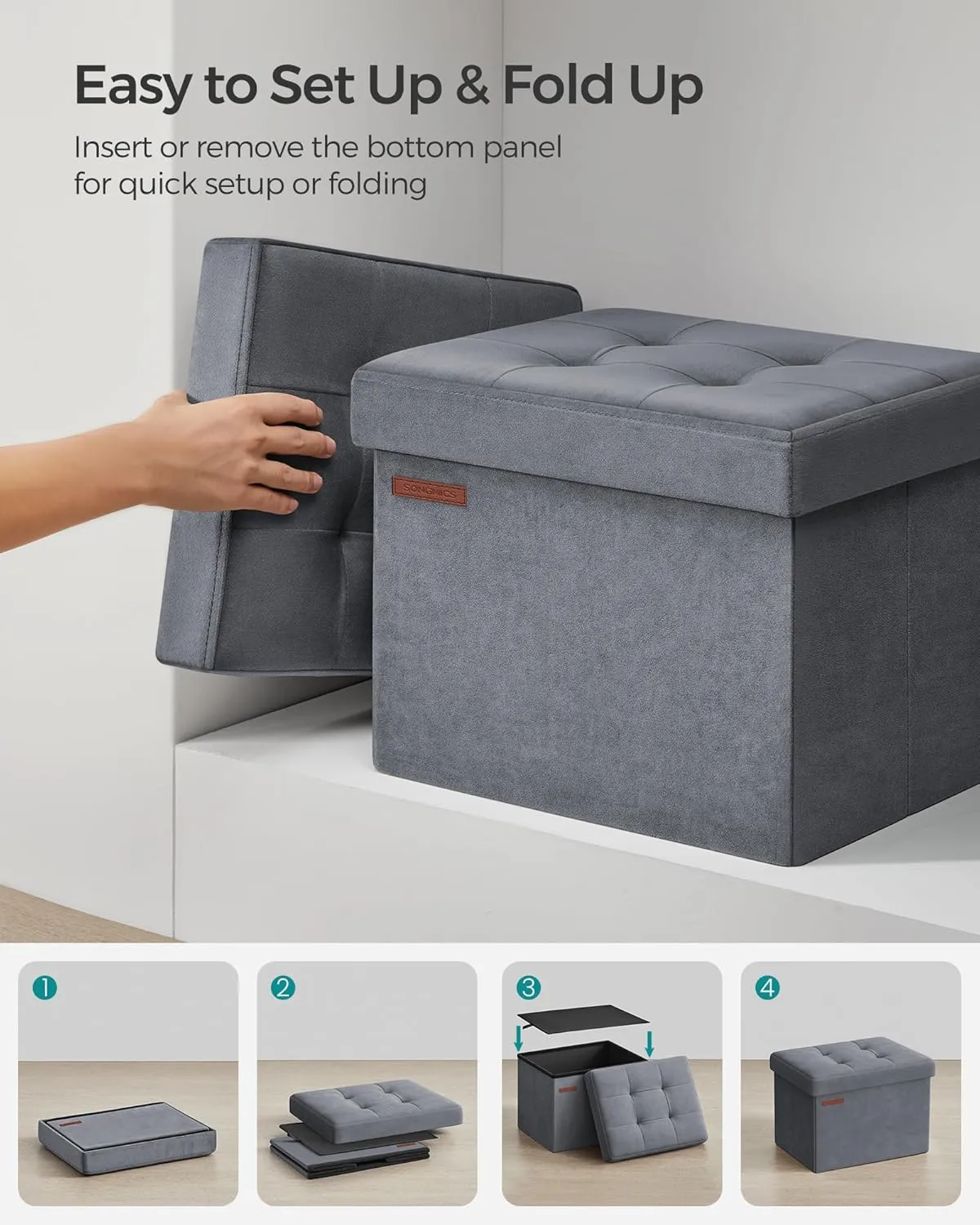 SONGMICS Storage Ottoman, Foldable Small Ottoman Foot Rest, 12.2 x 16.1 Inches Foot Stool, Load up to 286 lb, for Living Room, Bedroom, Dorm, Slate Gray ULSF200G01