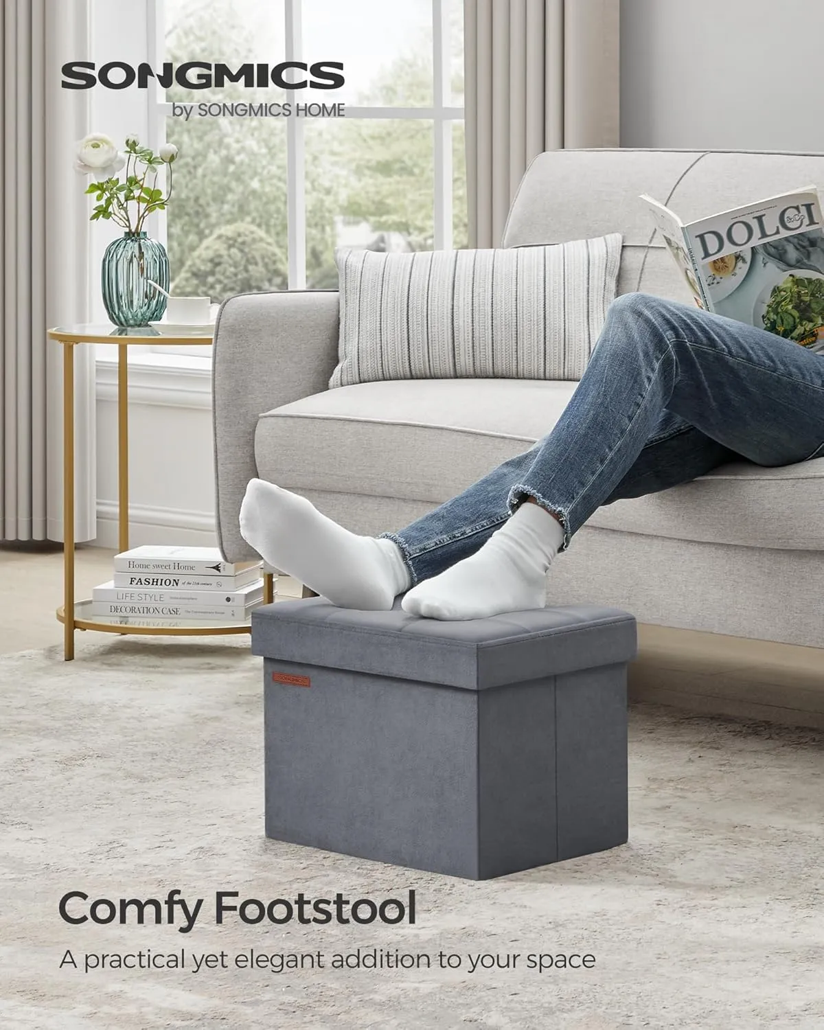 SONGMICS Storage Ottoman, Foldable Small Ottoman Foot Rest, 12.2 x 16.1 Inches Foot Stool, Load up to 286 lb, for Living Room, Bedroom, Dorm, Slate Gray ULSF200G01