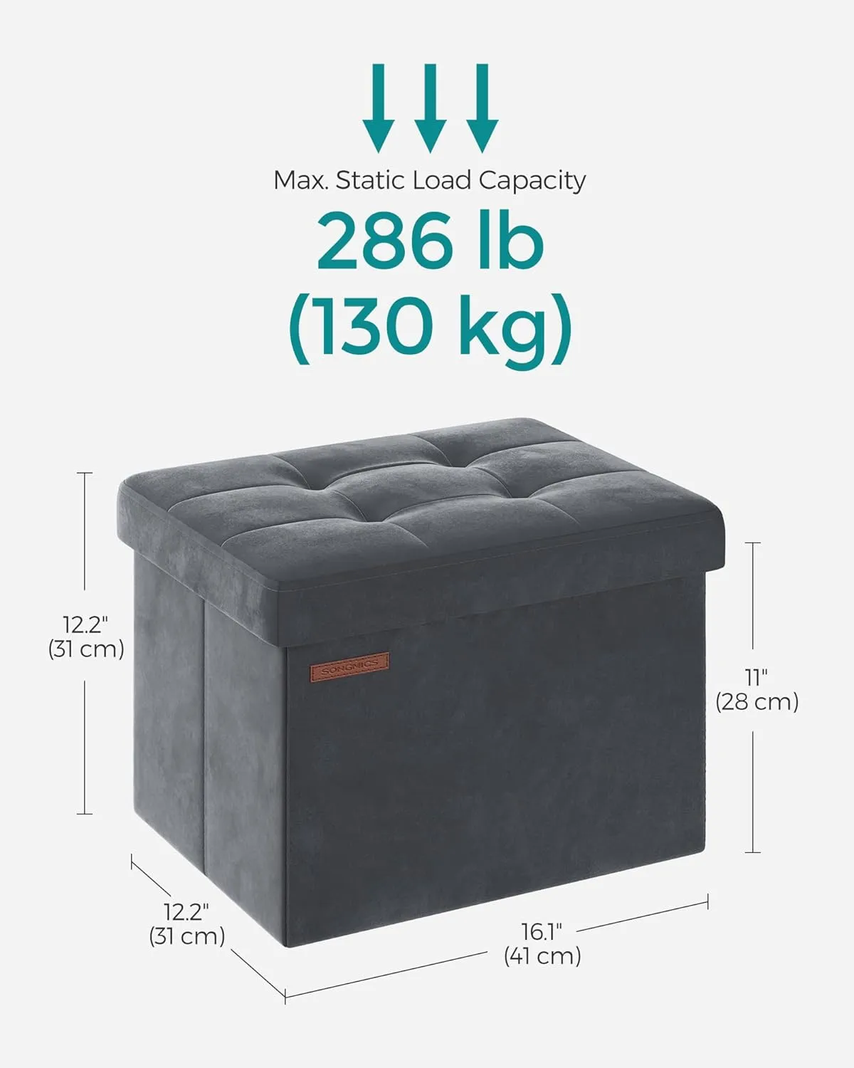 SONGMICS Storage Ottoman, Foldable Small Ottoman Foot Rest, 12.2 x 16.1 Inches Foot Stool, Load up to 286 lb, for Living Room, Bedroom, Dorm, Slate Gray ULSF200G01