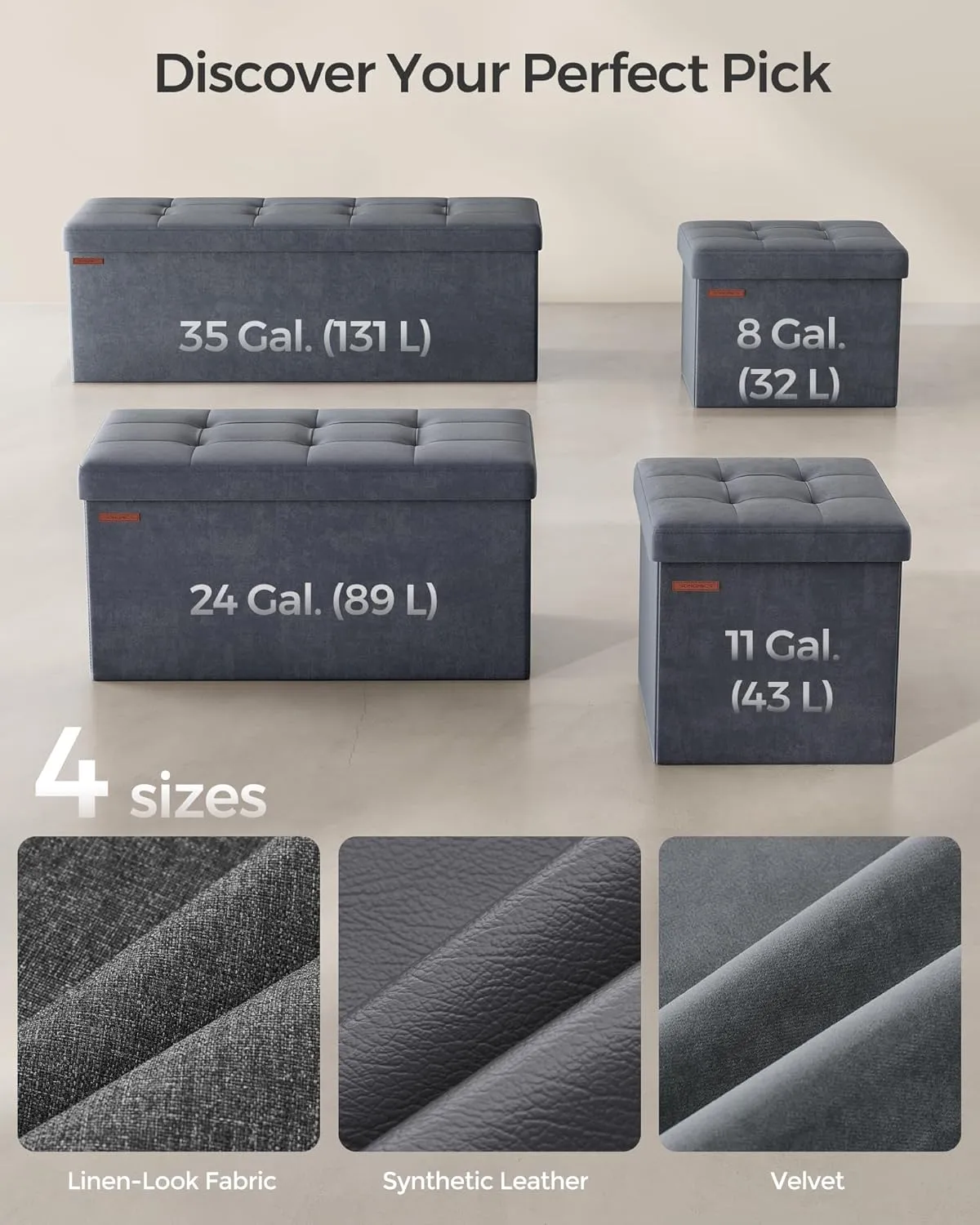 SONGMICS Storage Ottoman, Foldable Small Ottoman Foot Rest, 12.2 x 16.1 Inches Foot Stool, Load up to 286 lb, for Living Room, Bedroom, Dorm, Slate Gray ULSF200G01